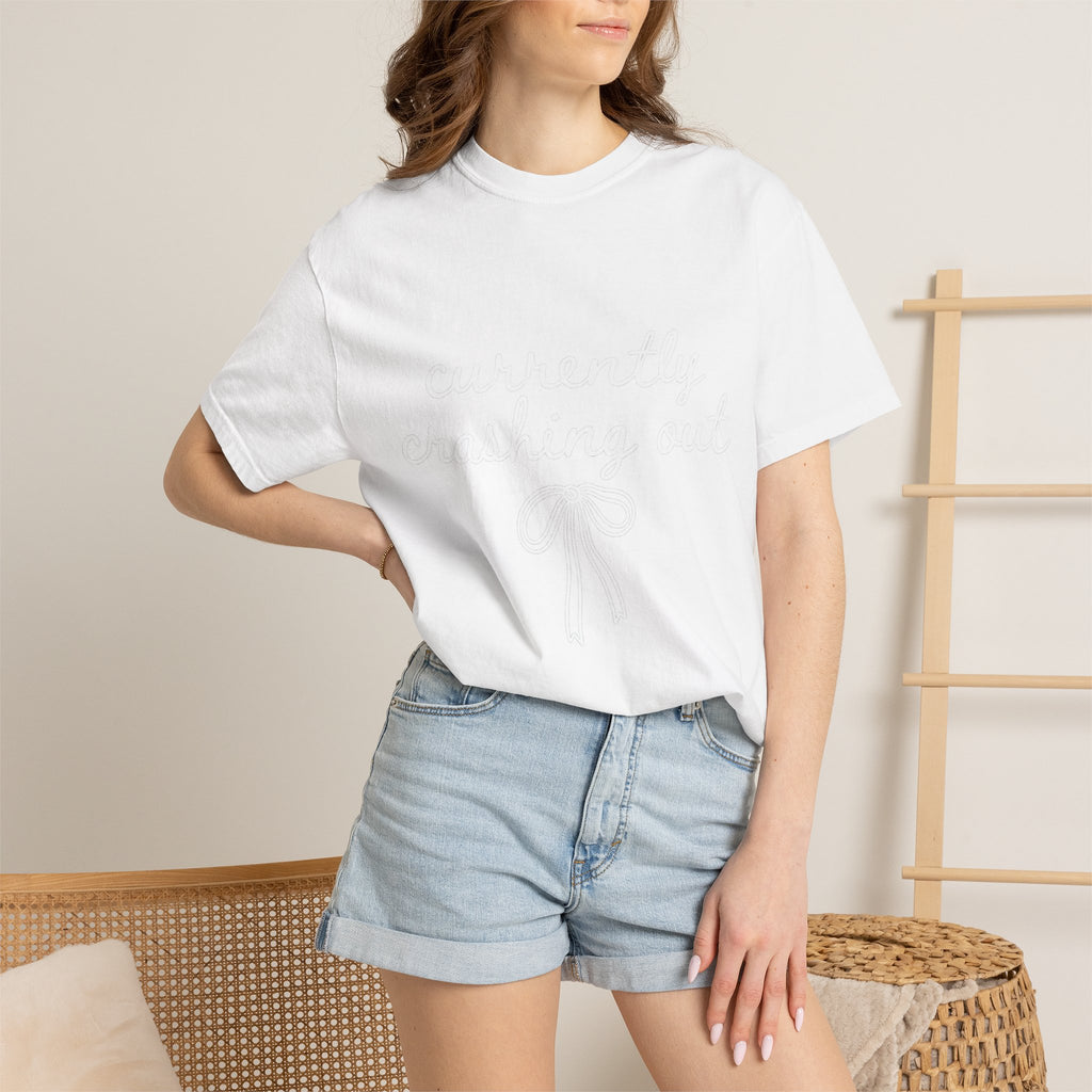 White Garment-Dyed T-Shirt — Minimal Ribbon Graphic Tee