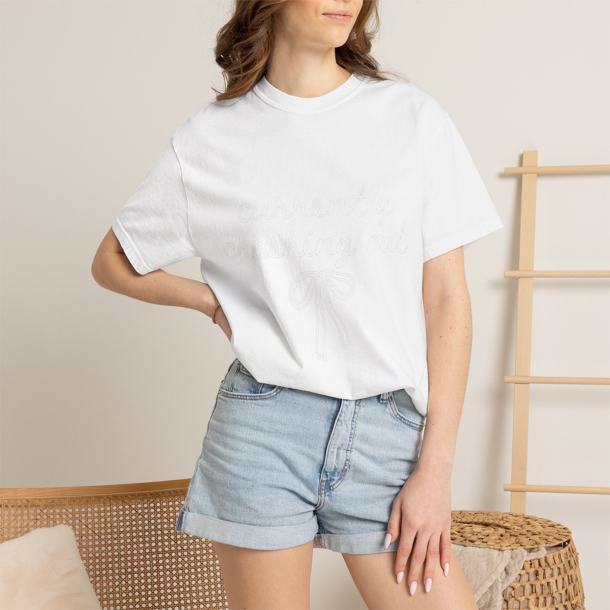 White Garment-Dyed T-Shirt — Minimal Ribbon Graphic Tee