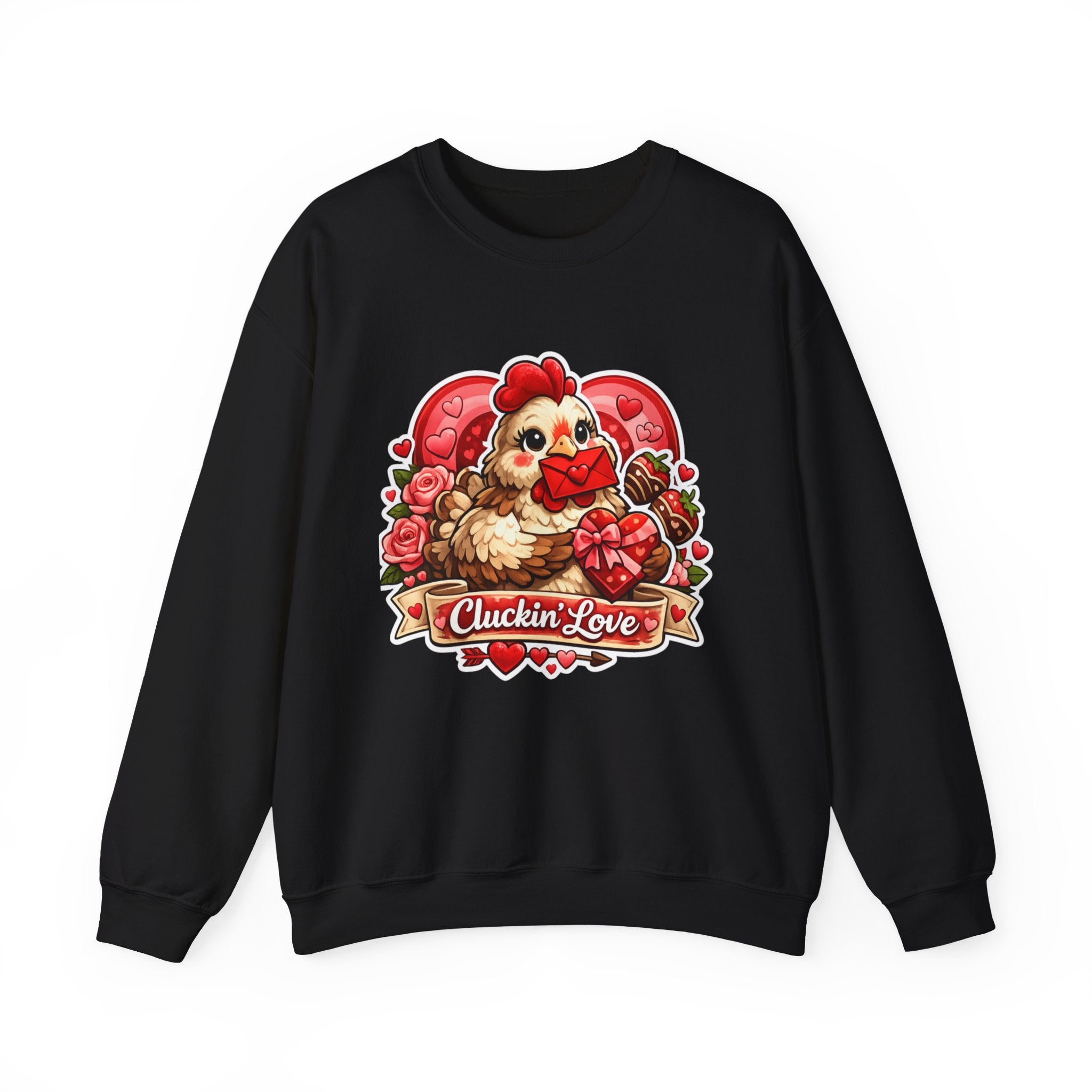Crewneck Sweatshirt — "Cluckin' Love" Cute Chicken Valentine Design