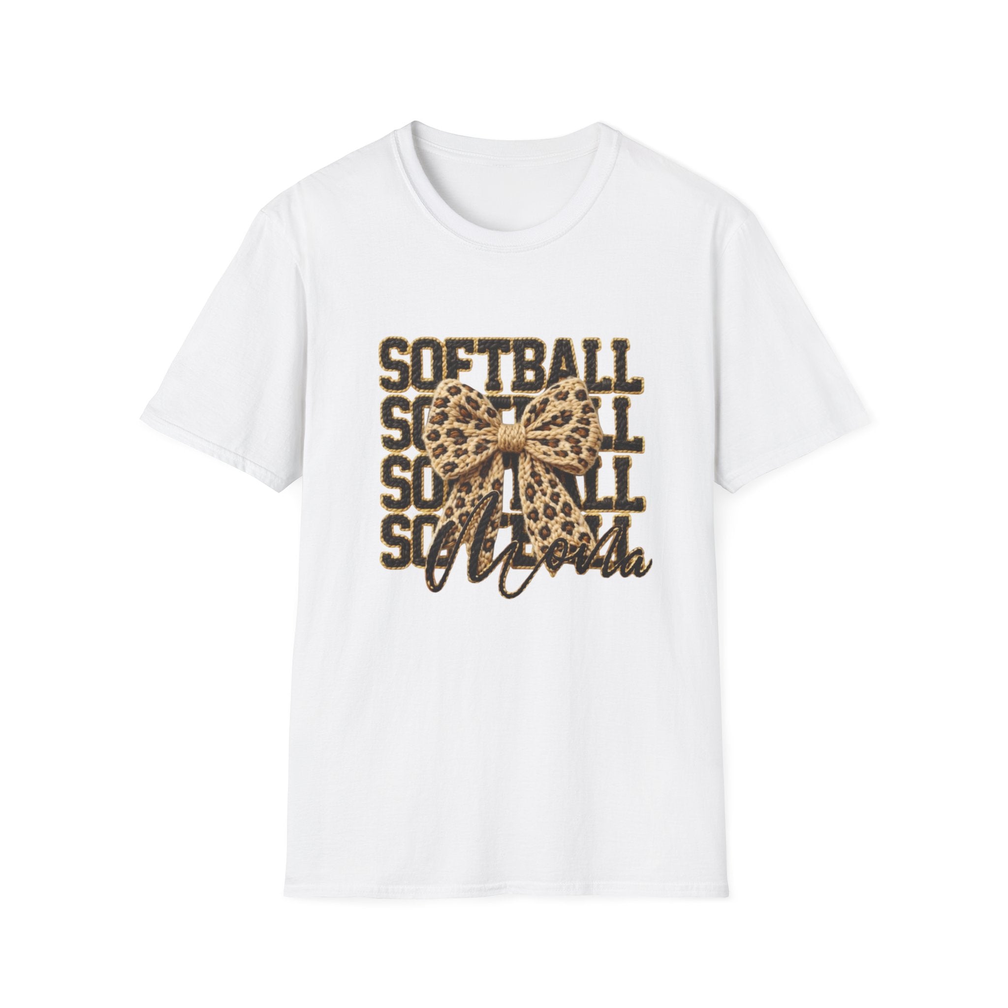 Softball Mom Leopard Bow T-Shirt – 'Softball Squad' Graphic Tee