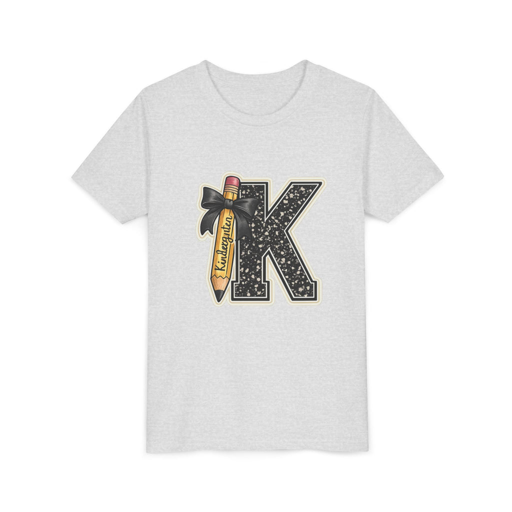 Youth K Monogram Pencil Tee — Kids Initial Letter K School Shirt