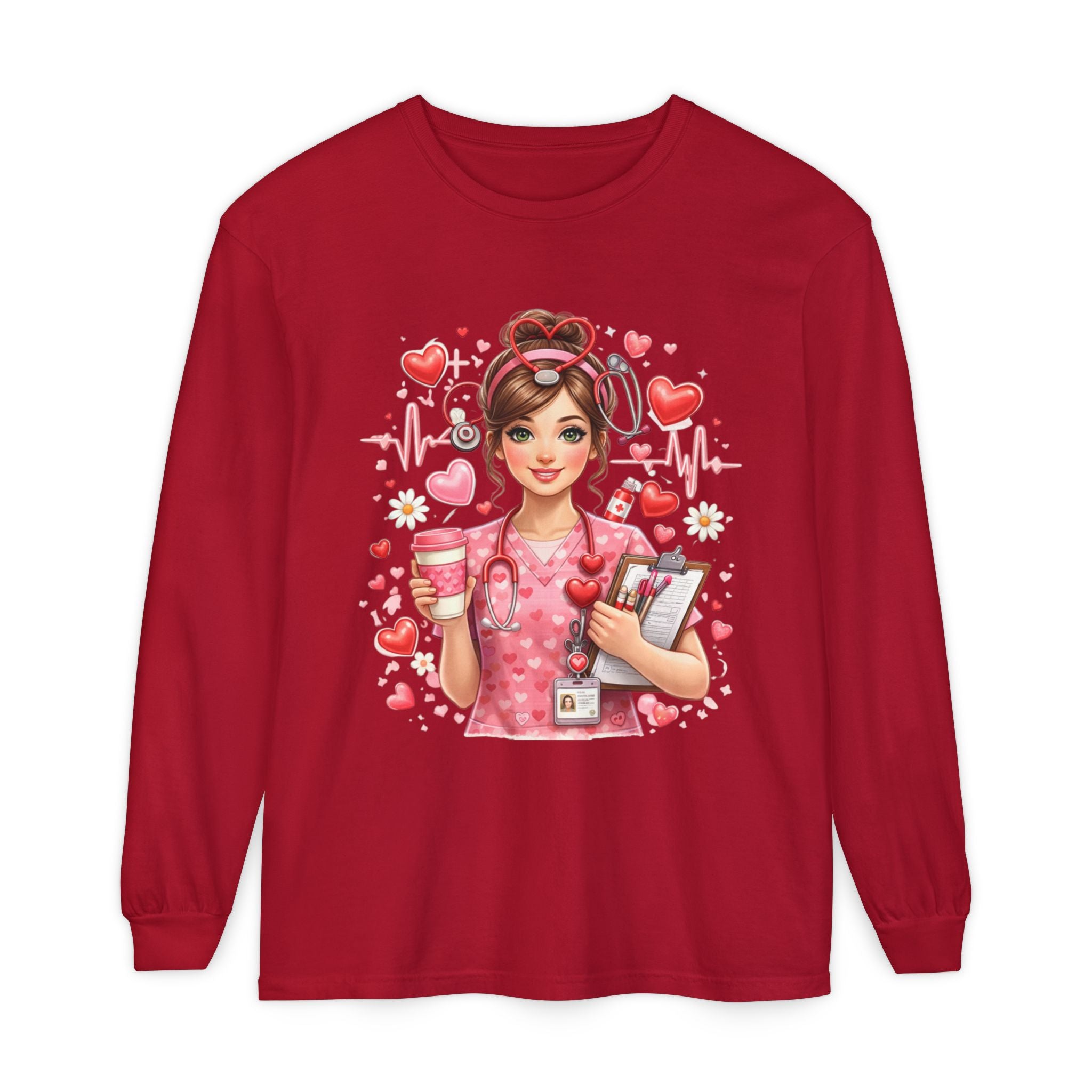 Nurse Love Long Sleeve T-Shirt — Cute Heartbeat Healthcare Graphic