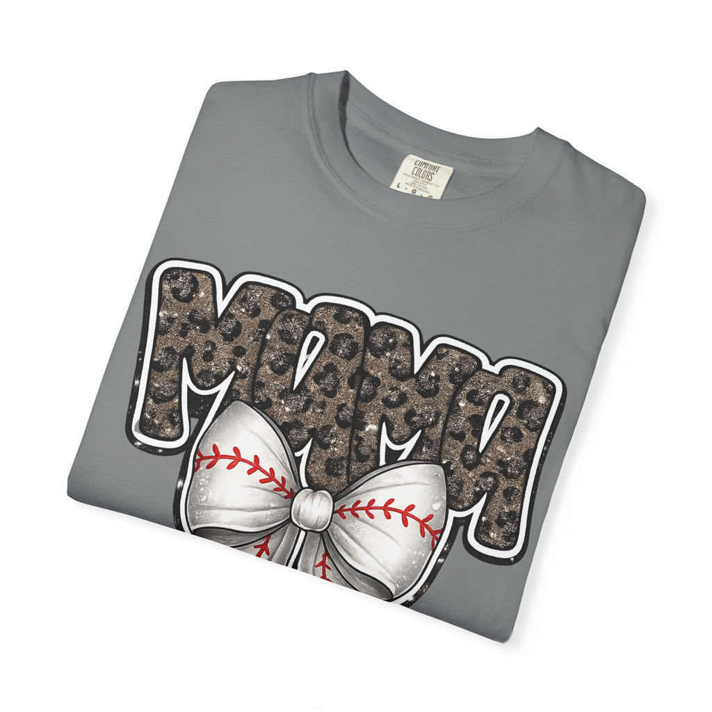Baseball Mom T-Shirt — Camo Lettering with Baseball Bow