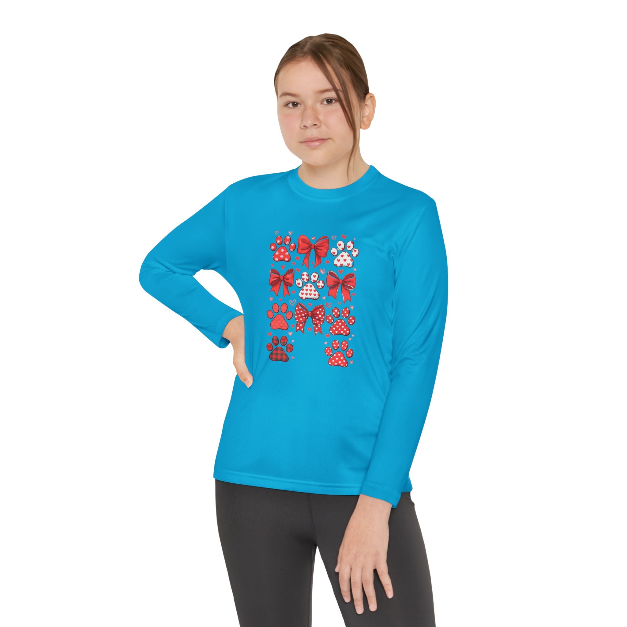 Youth Long Sleeve Tee - Red Paw & Bow Valentine Animal Print