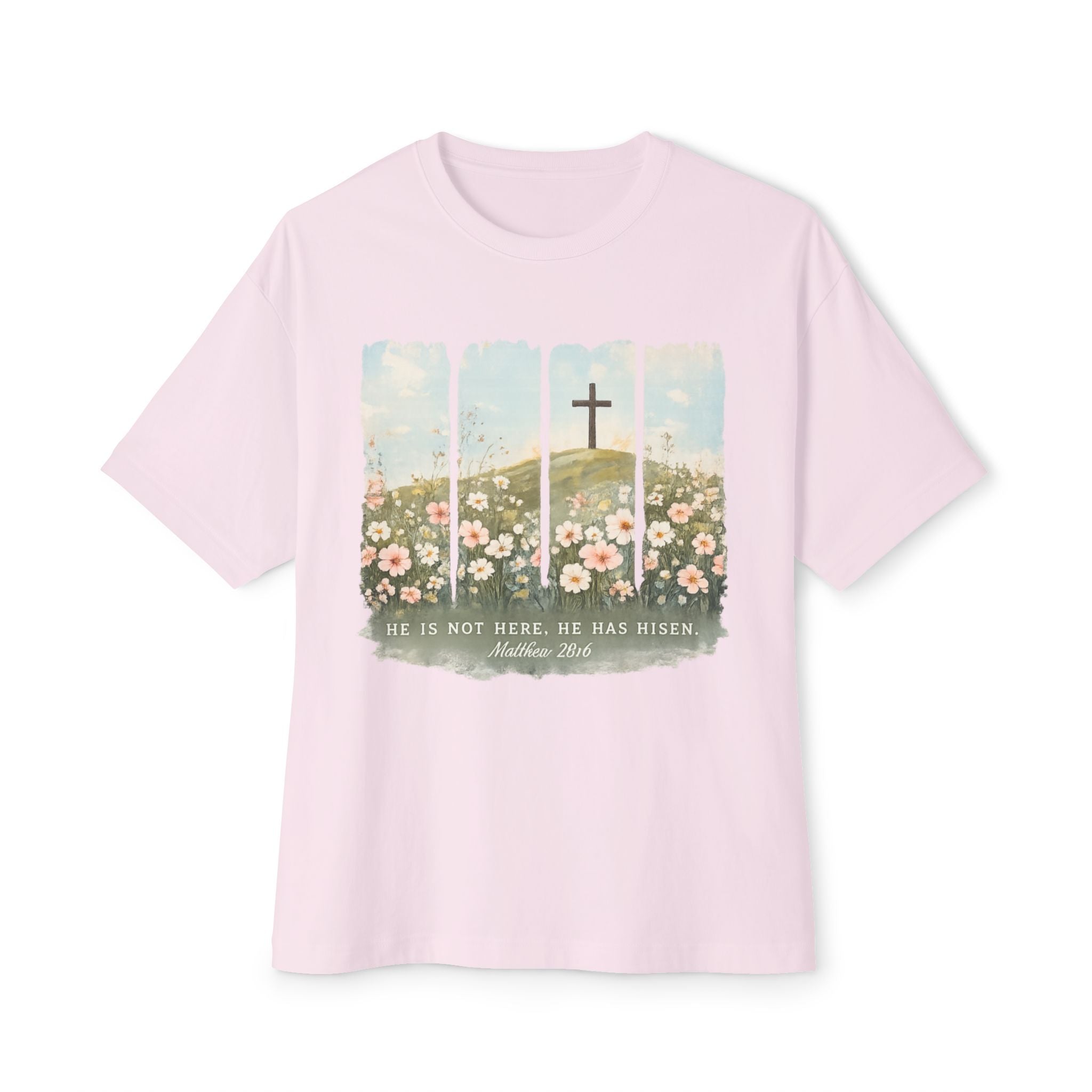 Easter Cross Tee — “He Is Not Here, He Has Risen” Floral Graphic Shirt