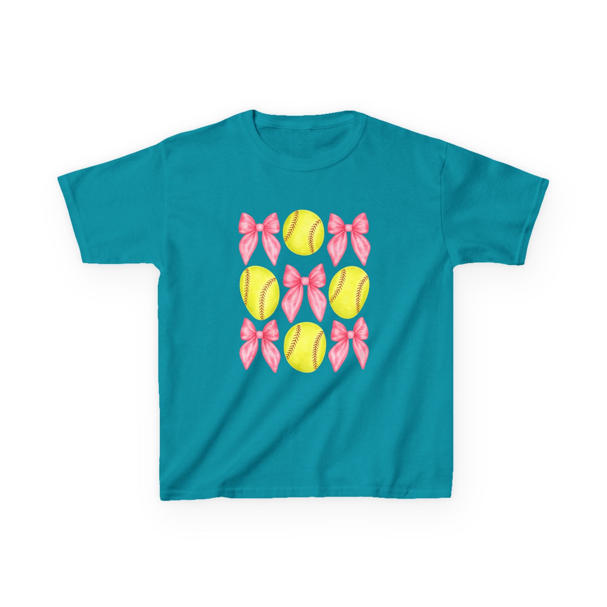 Girls Softball & Bows Kids Tee — Pink Bow Softball Pattern Shirt