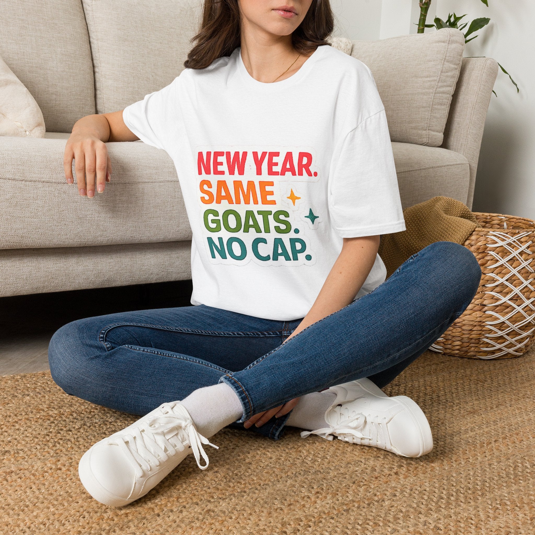 T‑Shirt — "New Year. Same Goats. No Cap." Colorful Graphic Tee for Goat Lovers & Funny New Year Celebrations