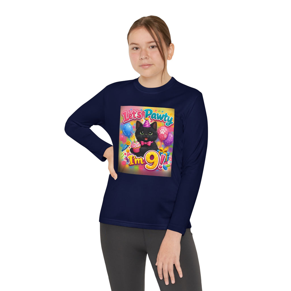 Kids' 9th Birthday Long Sleeve Tee — "Let's Pawty I'm 9!" Cat Birthday Shirt