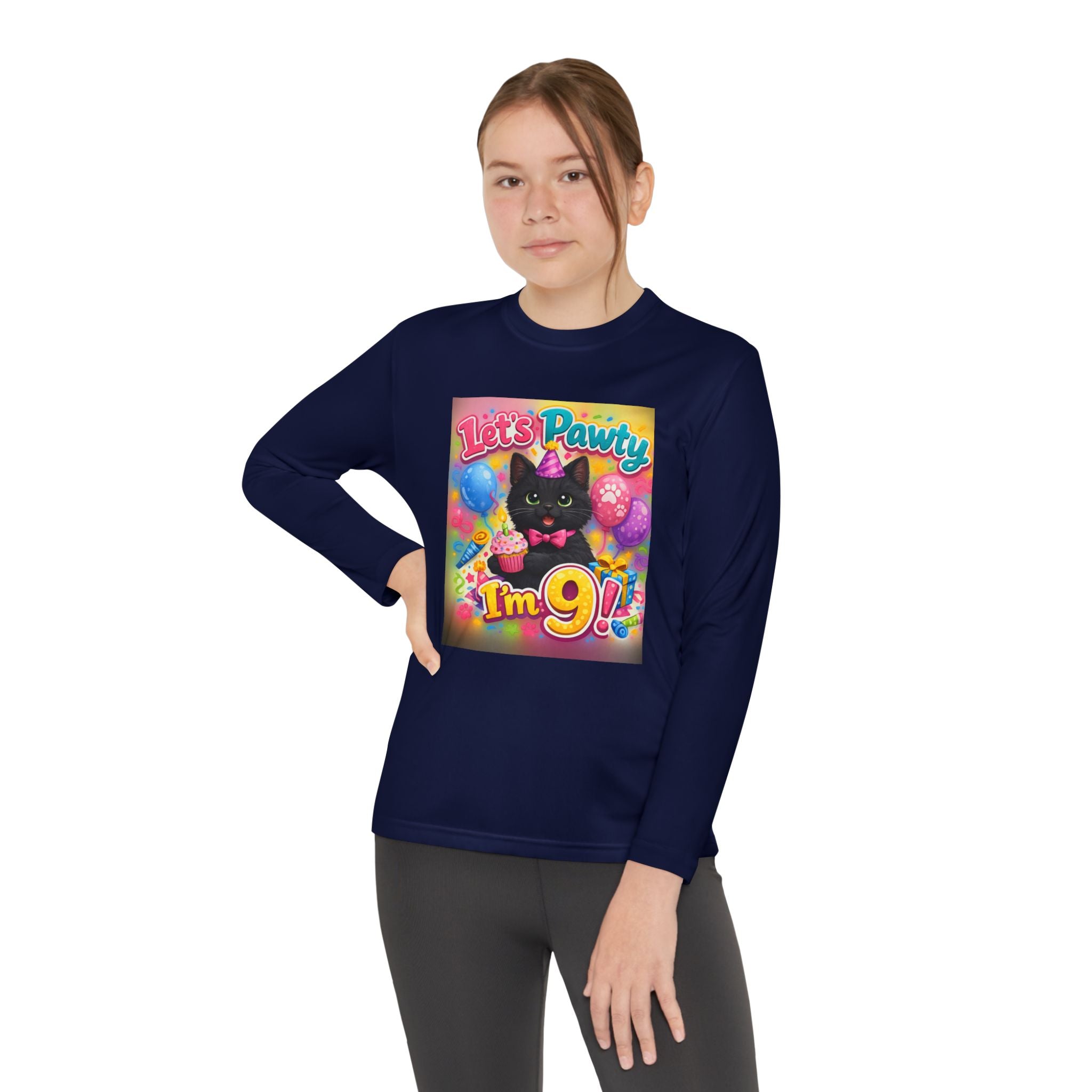 Kids' 9th Birthday Long Sleeve Tee — "Let's Pawty I'm 9!" Cat Birthday Shirt