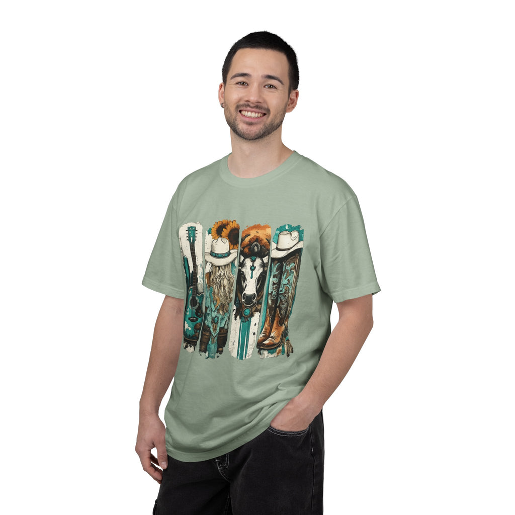 Western Music Icons T-Shirt — Rustic Guitar, Boots & Hat Graphic Tee