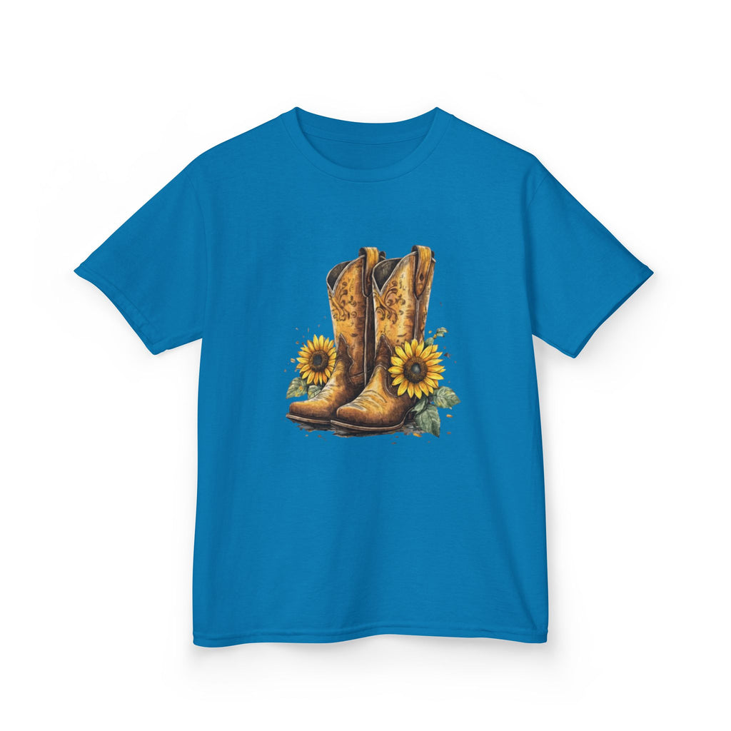 Kids Cowboy Boots & Sunflowers T-Shirt — Western Farmyard Tee for Children