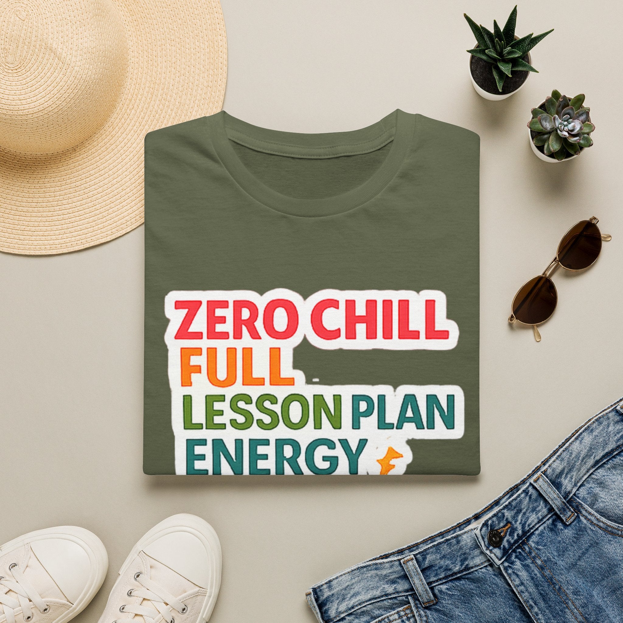 Teacher T-Shirt — "Zero Chill, Full Lesson Plan Energy" Colorful Graphic Tee