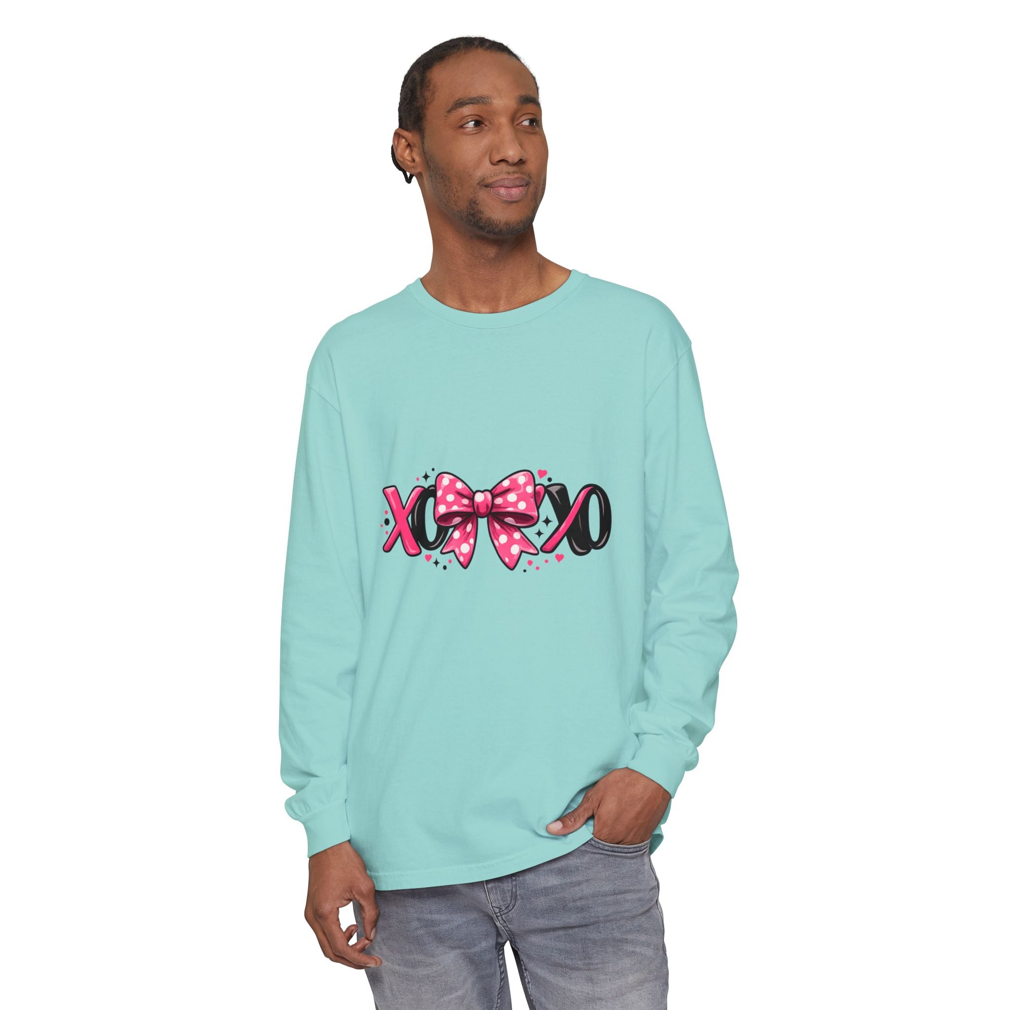 Hugs & Kisses (XOXO) Long Sleeve Tee — Pink Bow Valentine Shirt
