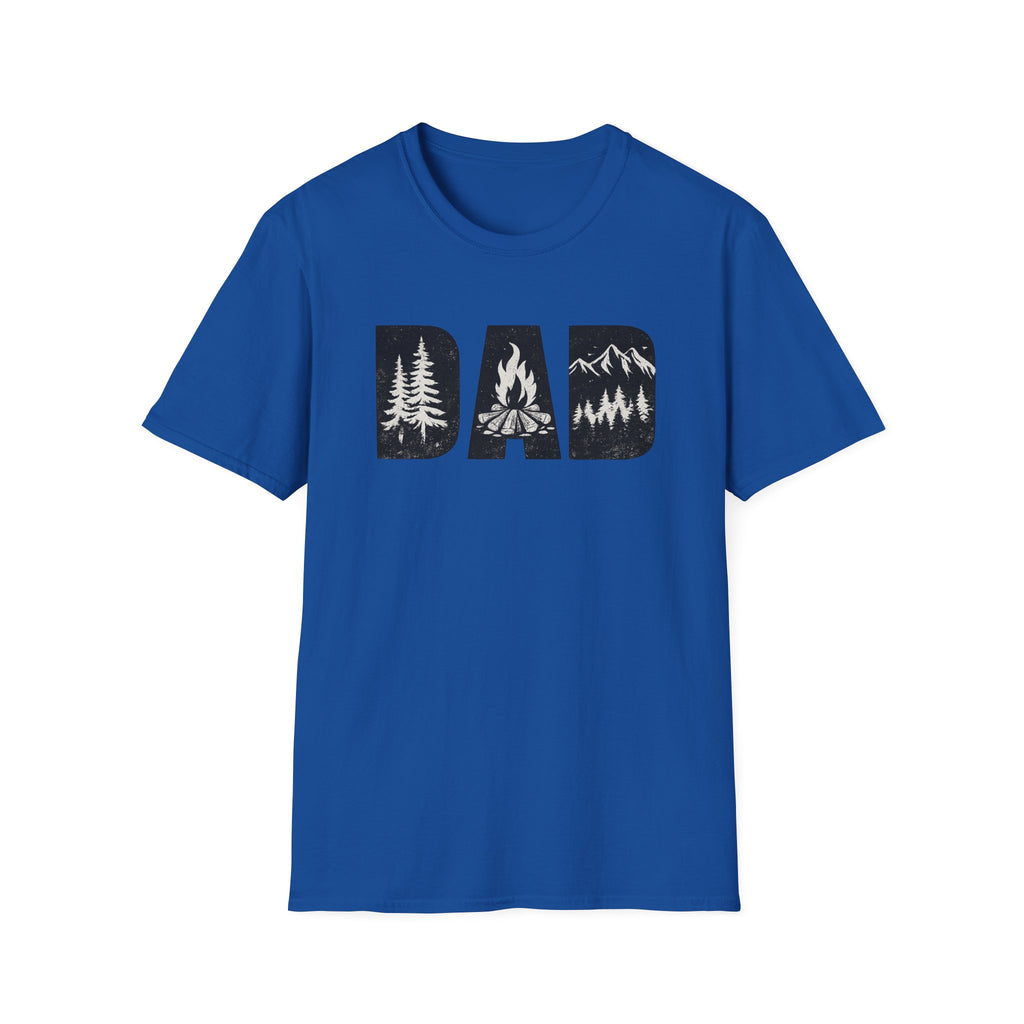 Dad Camping T-Shirt — Rustic Outdoors Father’s Day Shirt (DAD with Trees, Campfire & Mountains)