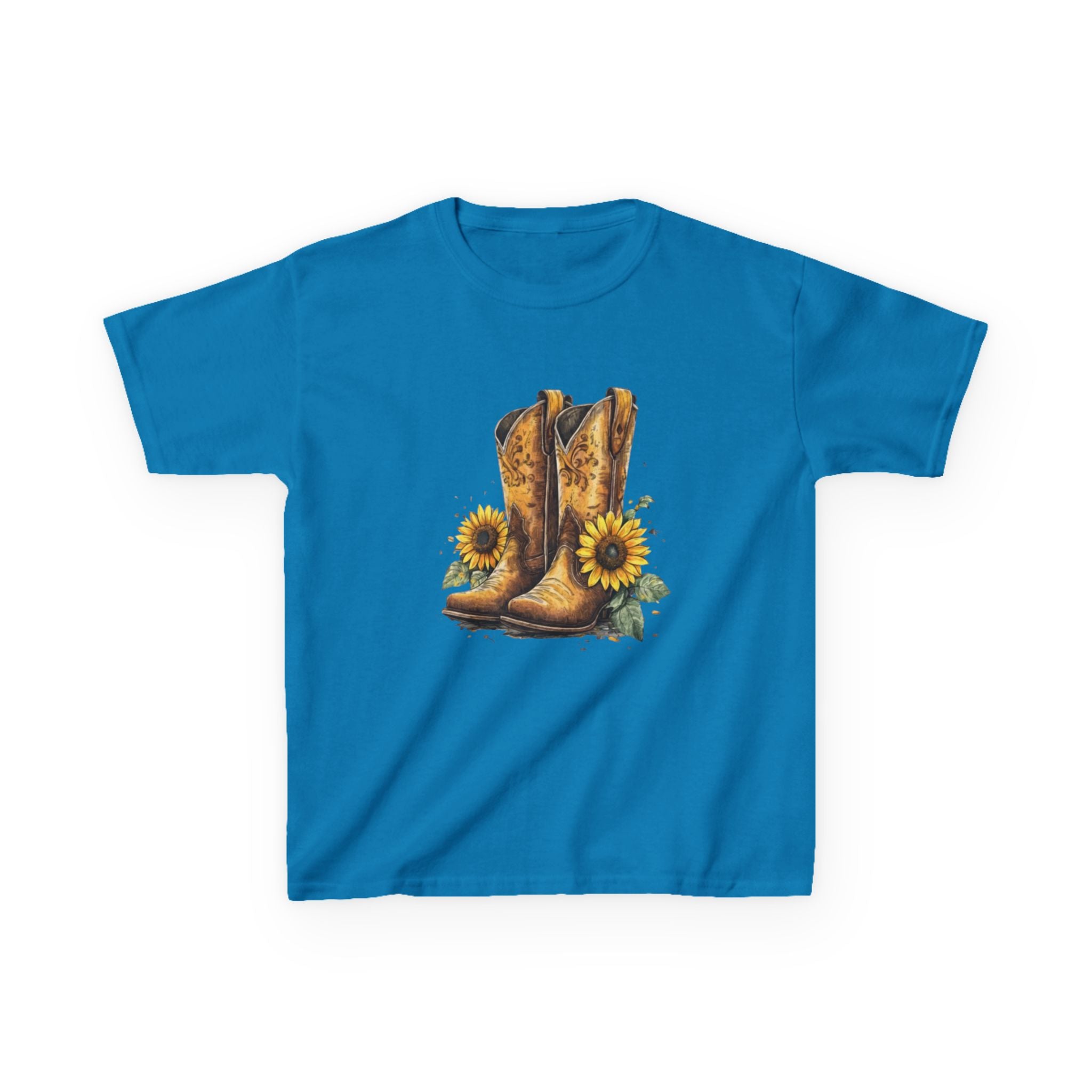 Kids Cowboy Boots & Sunflowers T-Shirt — Western Farmyard Tee for Children
