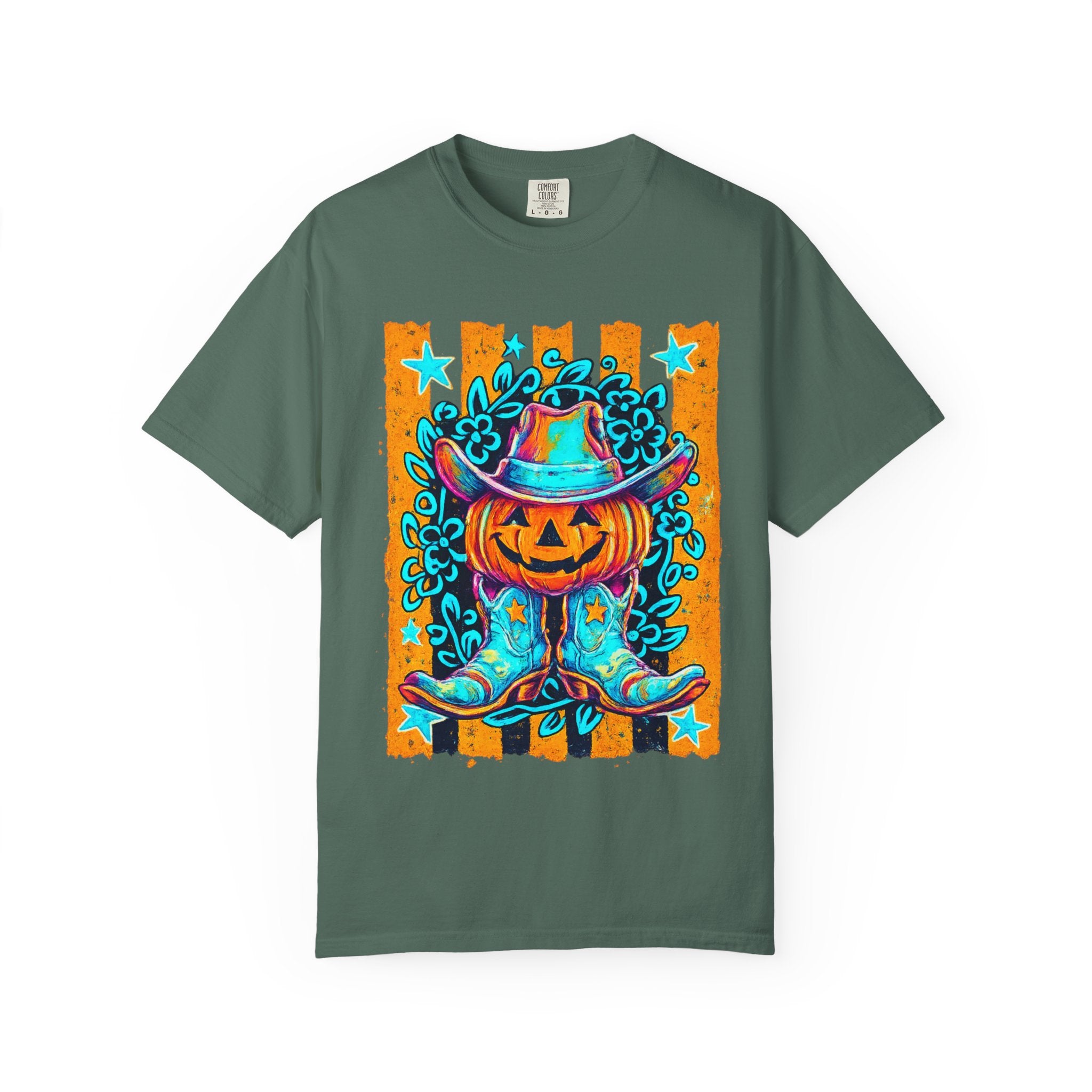 Halloween Pumpkin Cowboy T-Shirt — Neon Country Jack-O'-Lantern Graphic Tee