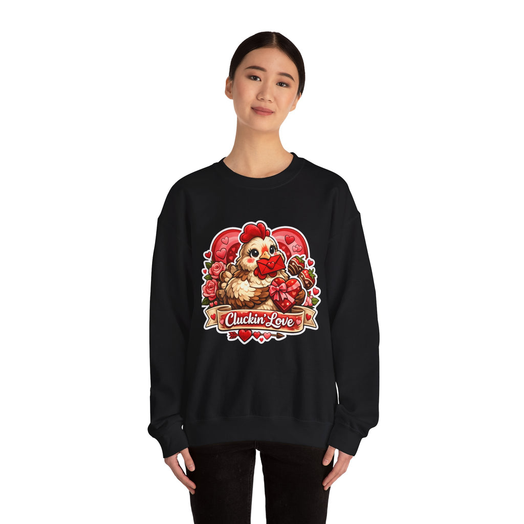 Crewneck Sweatshirt — "Cluckin' Love" Cute Chicken Valentine Design