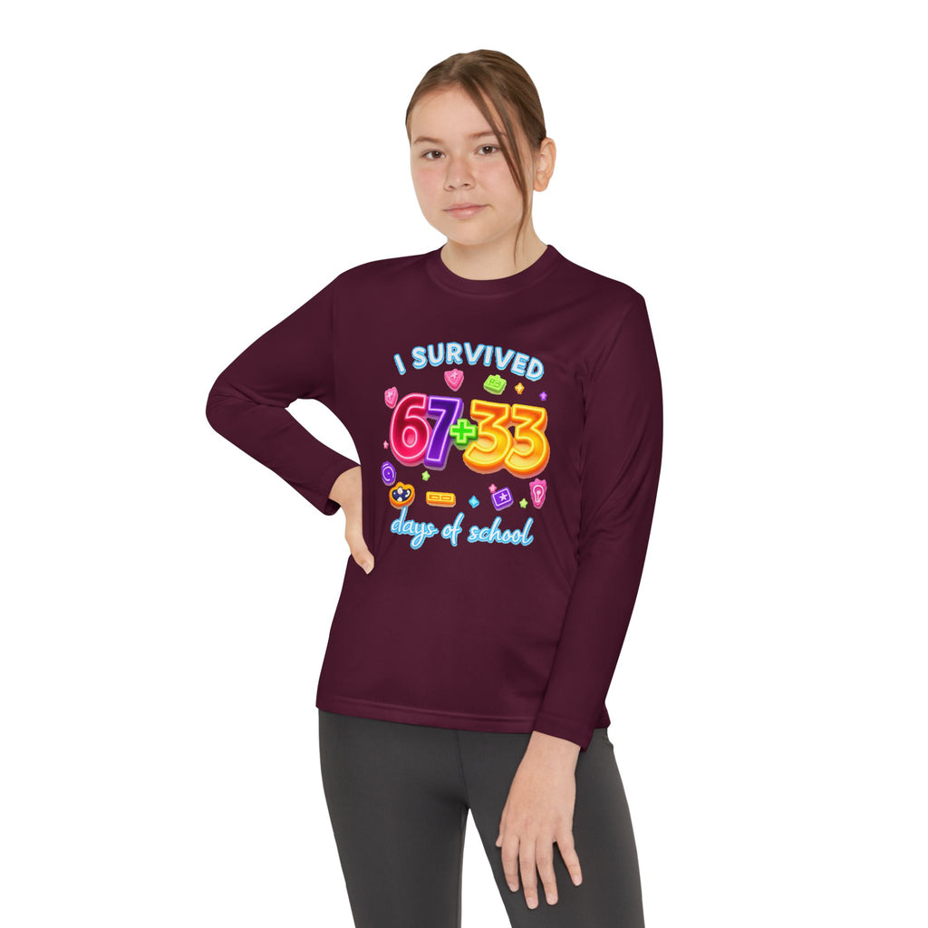 Youth Long Sleeve Tee — "I Survived 67+33 Days of School" Colorful Celebration Shirt