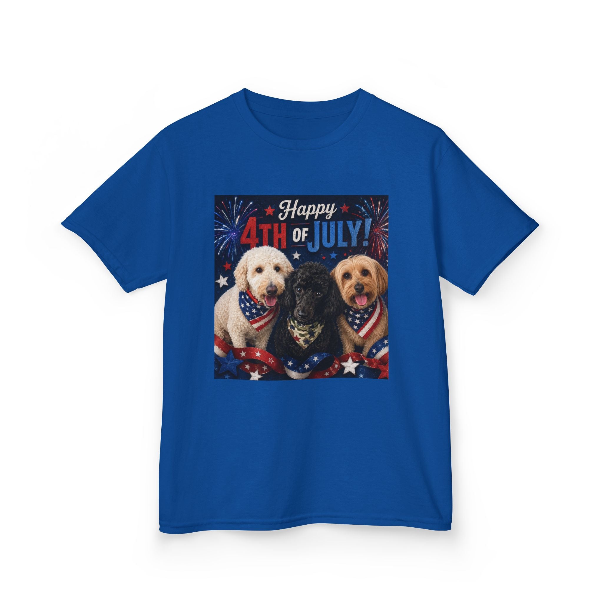 4th of July Kids Tee – Patriotic Dogs "Happy 4th of July"