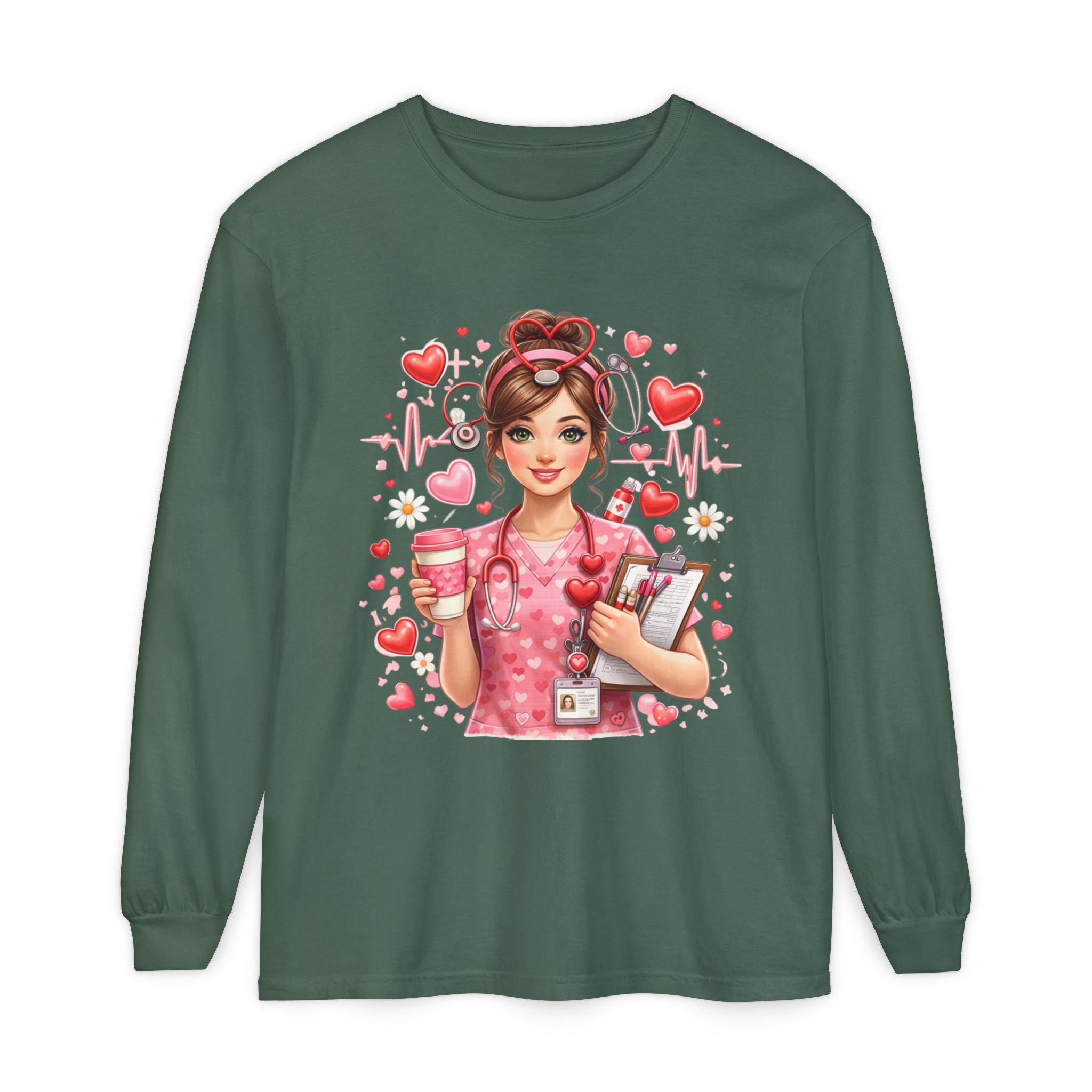 Nurse Love Long Sleeve T-Shirt — Cute Heartbeat Healthcare Graphic