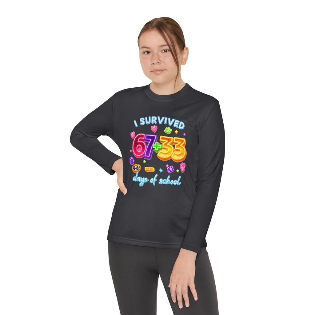 Youth Long Sleeve Tee — "I Survived 67+33 Days of School" Colorful Celebration Shirt