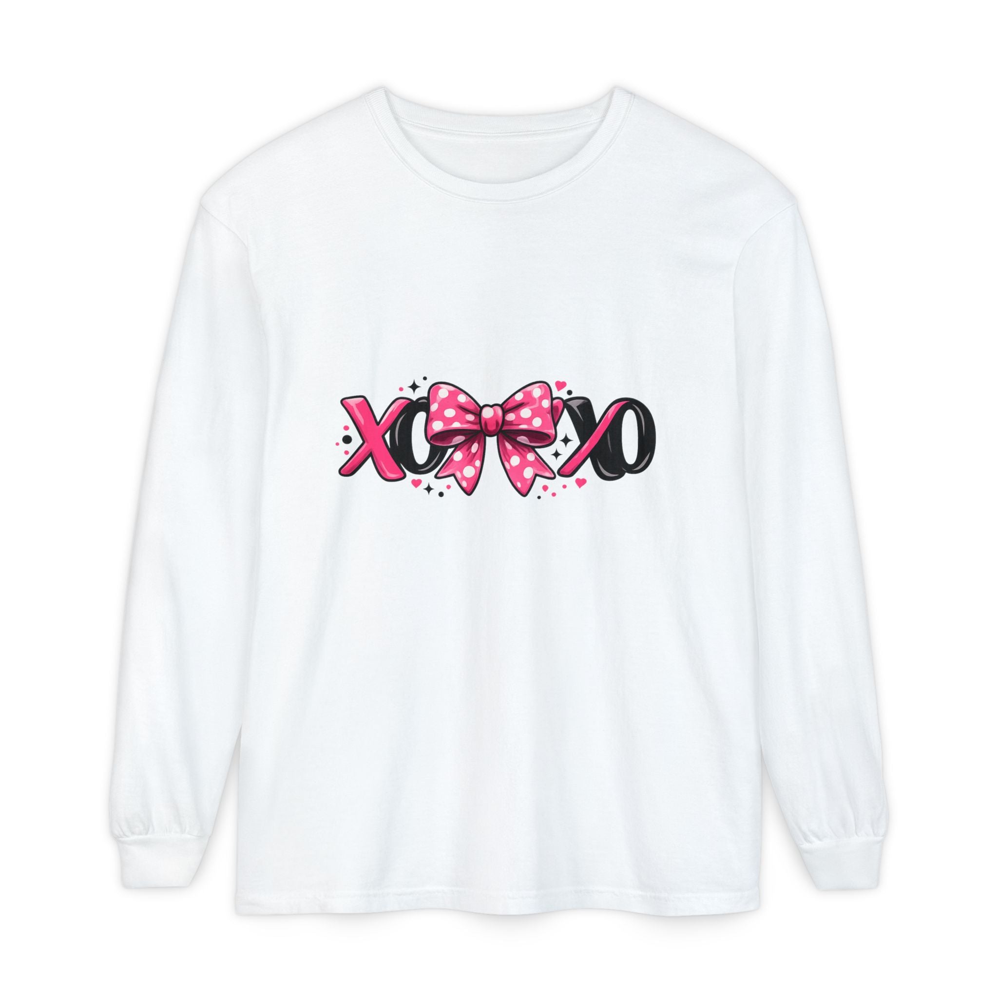 Hugs & Kisses (XOXO) Long Sleeve Tee — Pink Bow Valentine Shirt