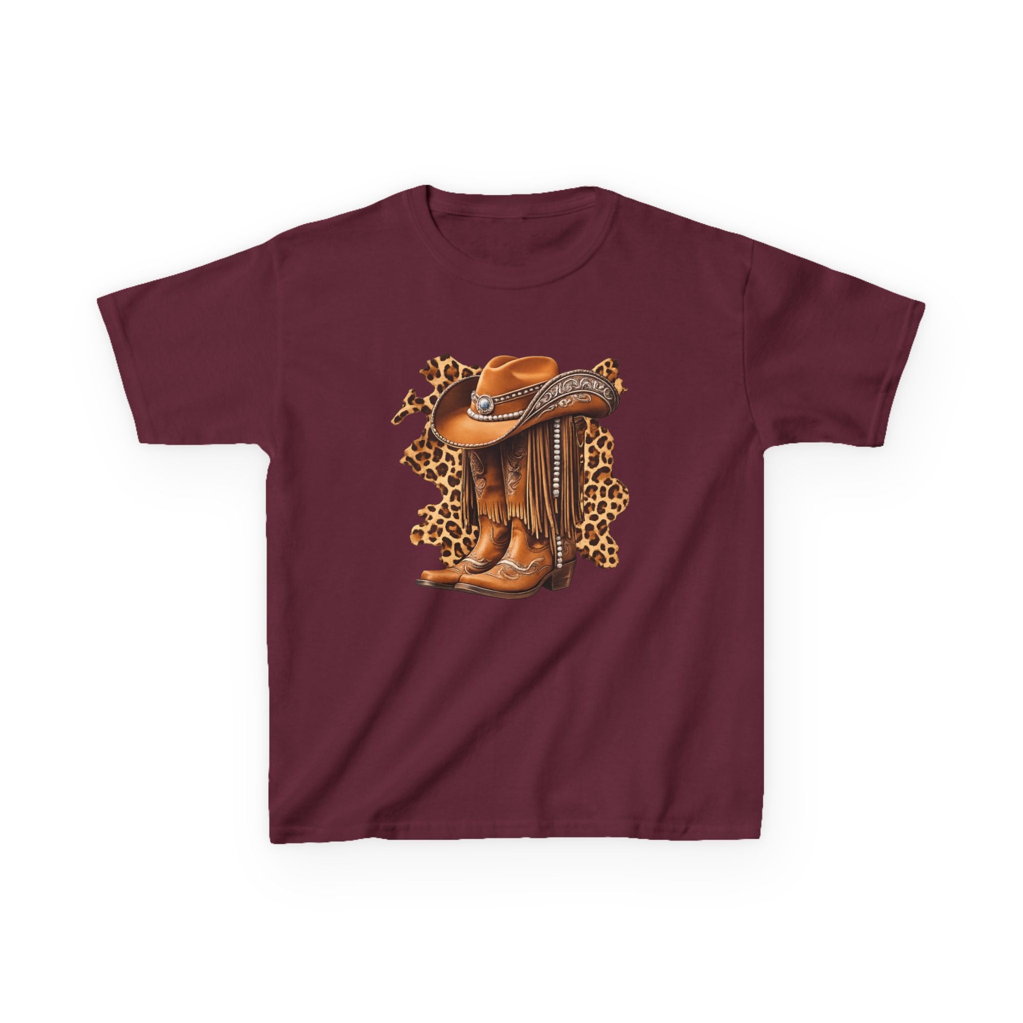 Kids Cowboy Hat & Boots Tee — Leopard Print Western Kids T-Shirt