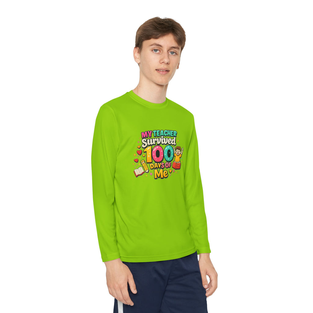 Kids Long Sleeve Tee — “My Teacher Survived 100 Days of Me” Colorful Celebration Shirt