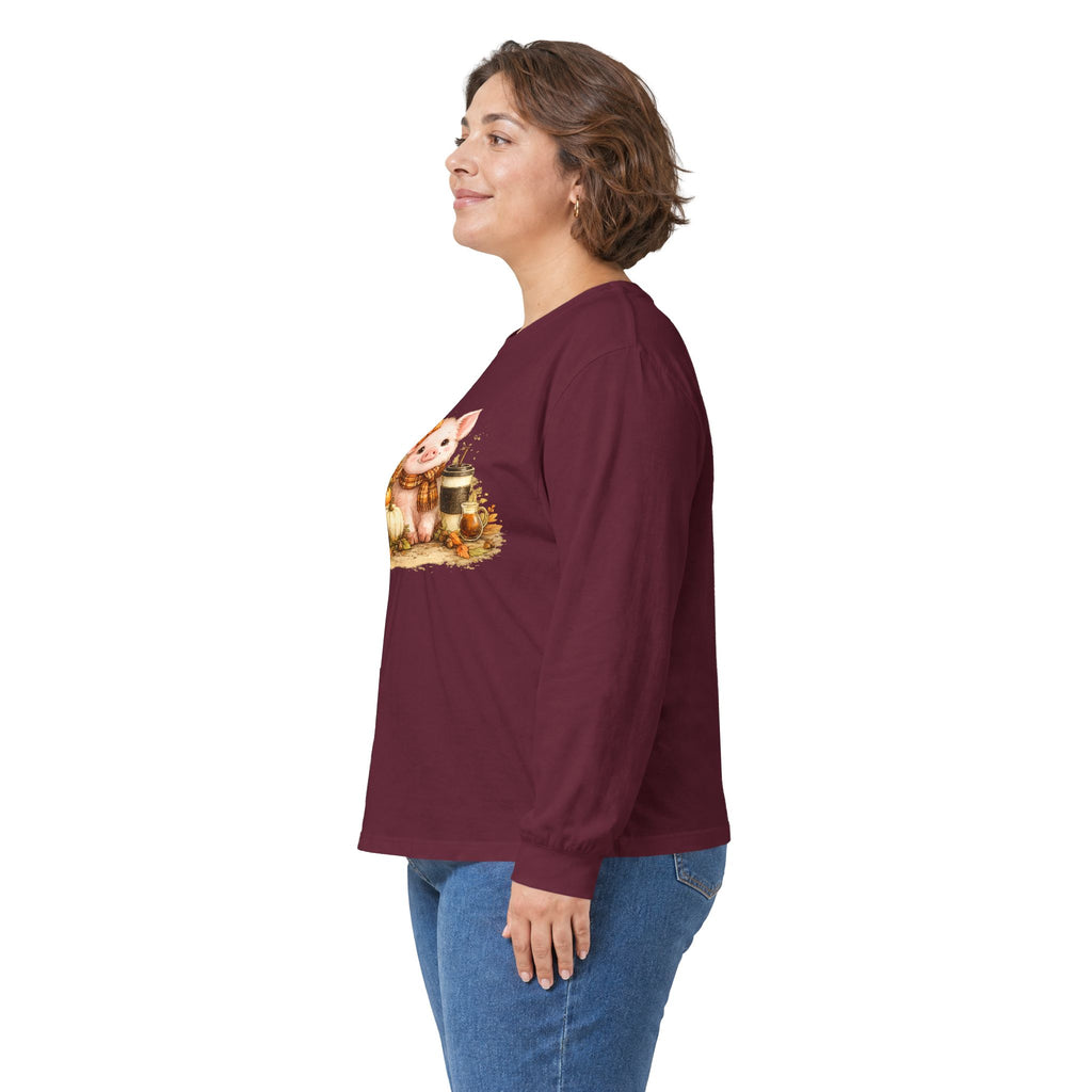 Long Sleeve Tee — Cute Fall Pig with Pumpkins & Sunflower Autumn Graphic