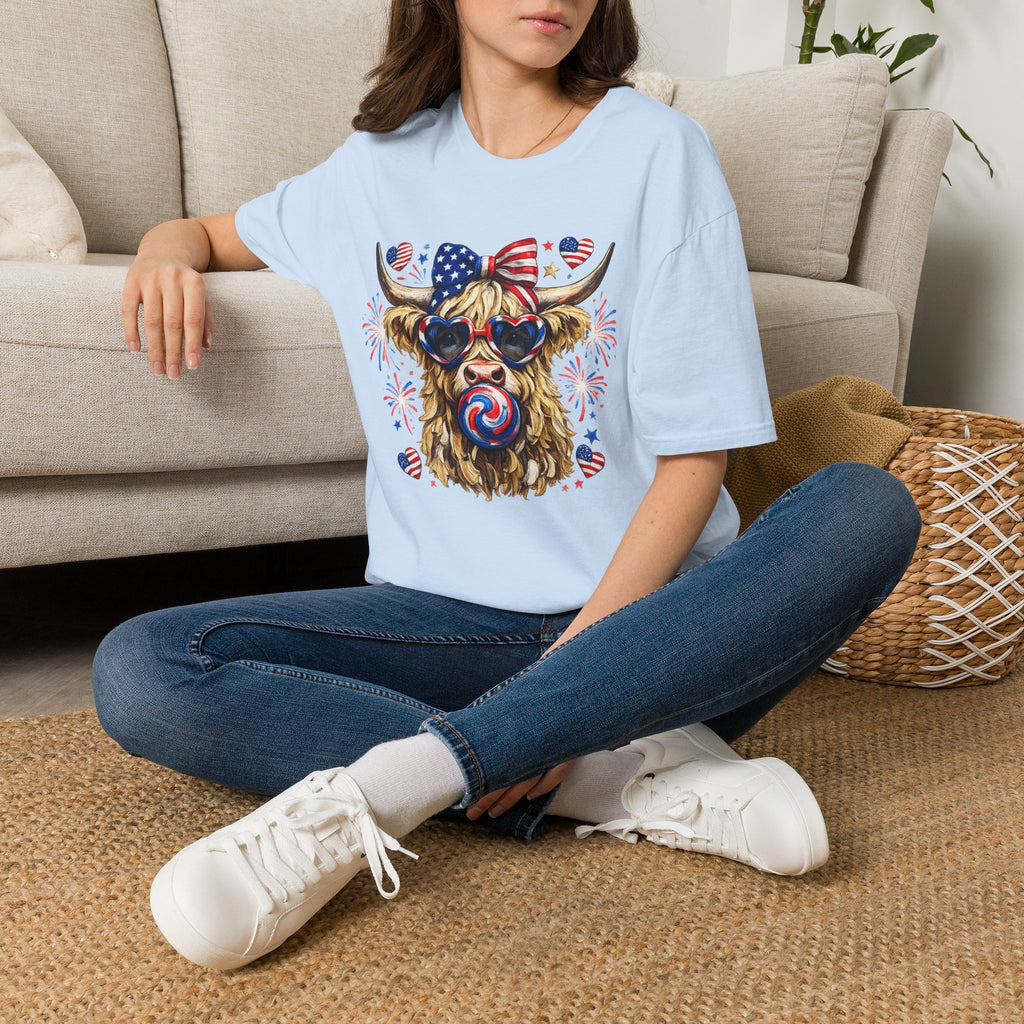 Patriotic Highland Cow T-Shirt — 4th of July American Flag Cow Tee