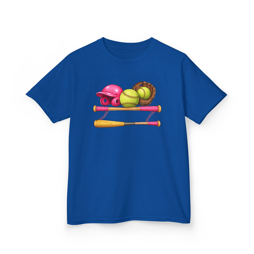 Kids Softball Gear T-Shirt — Pink Helmet, Bat & Glove Baseball Design