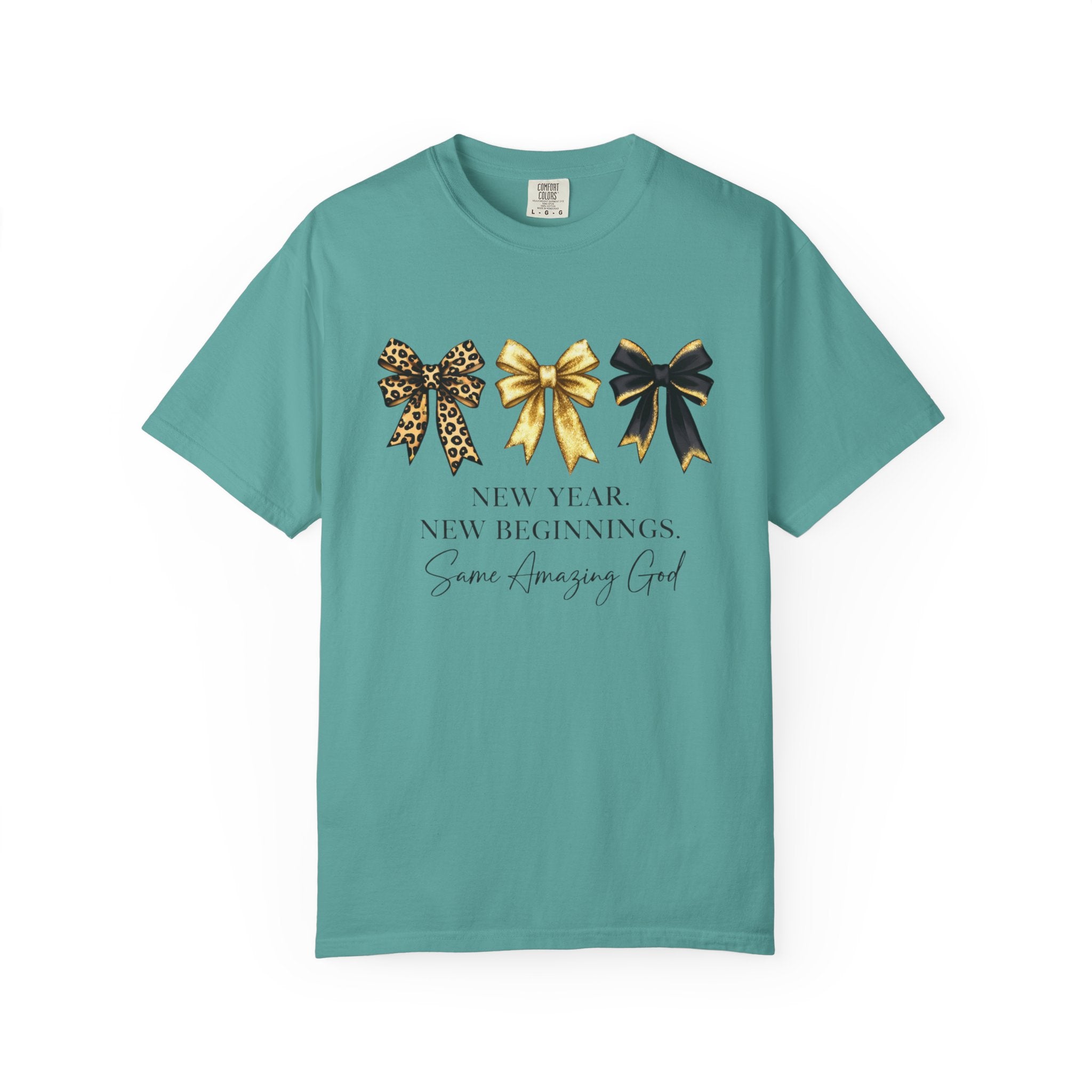 T-Shirt — "New Year, New Beginnings" Gold & Black Bow Graphic Tee