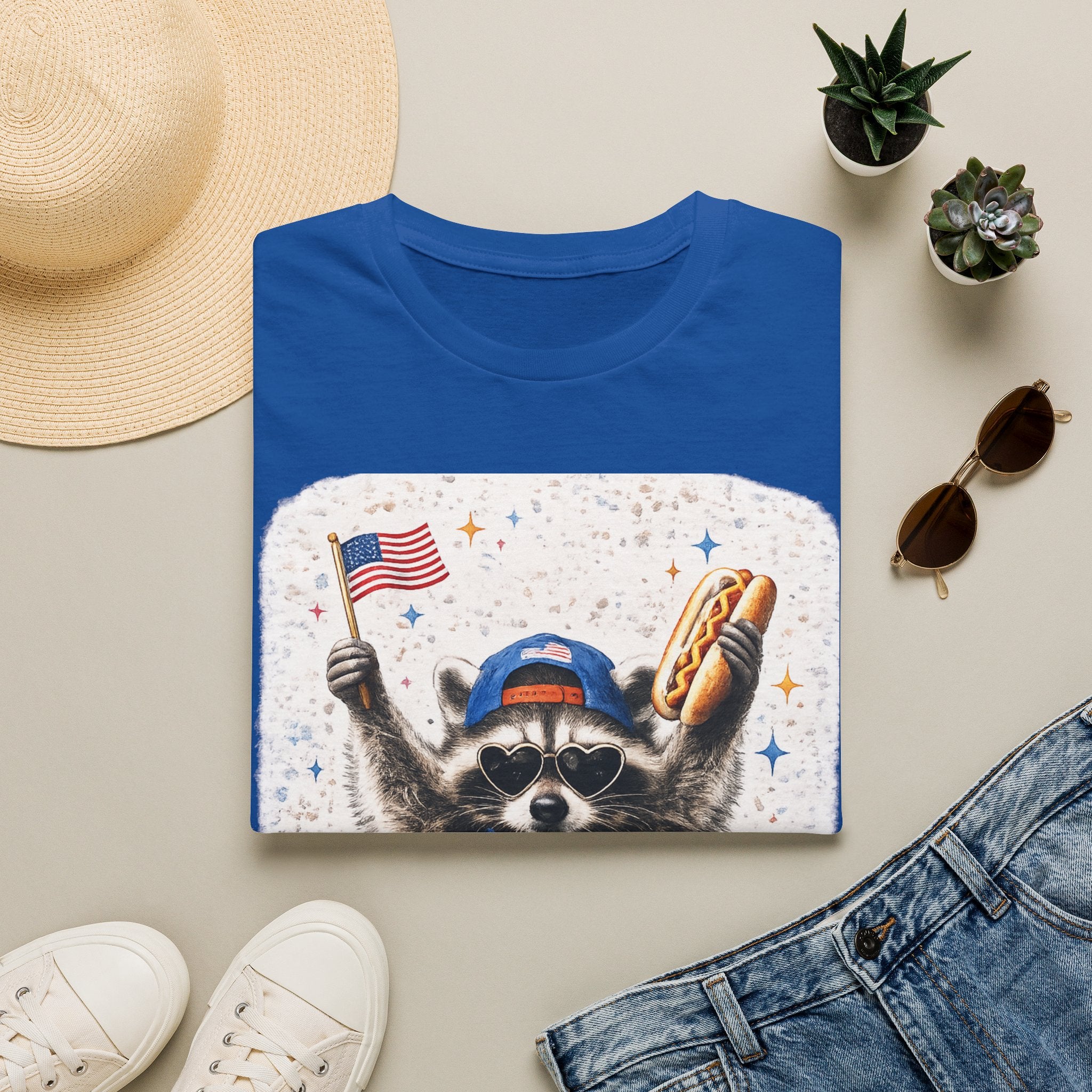 Patriotic Raccoon T-Shirt — 'America' Flag & Hot Dog Graphic