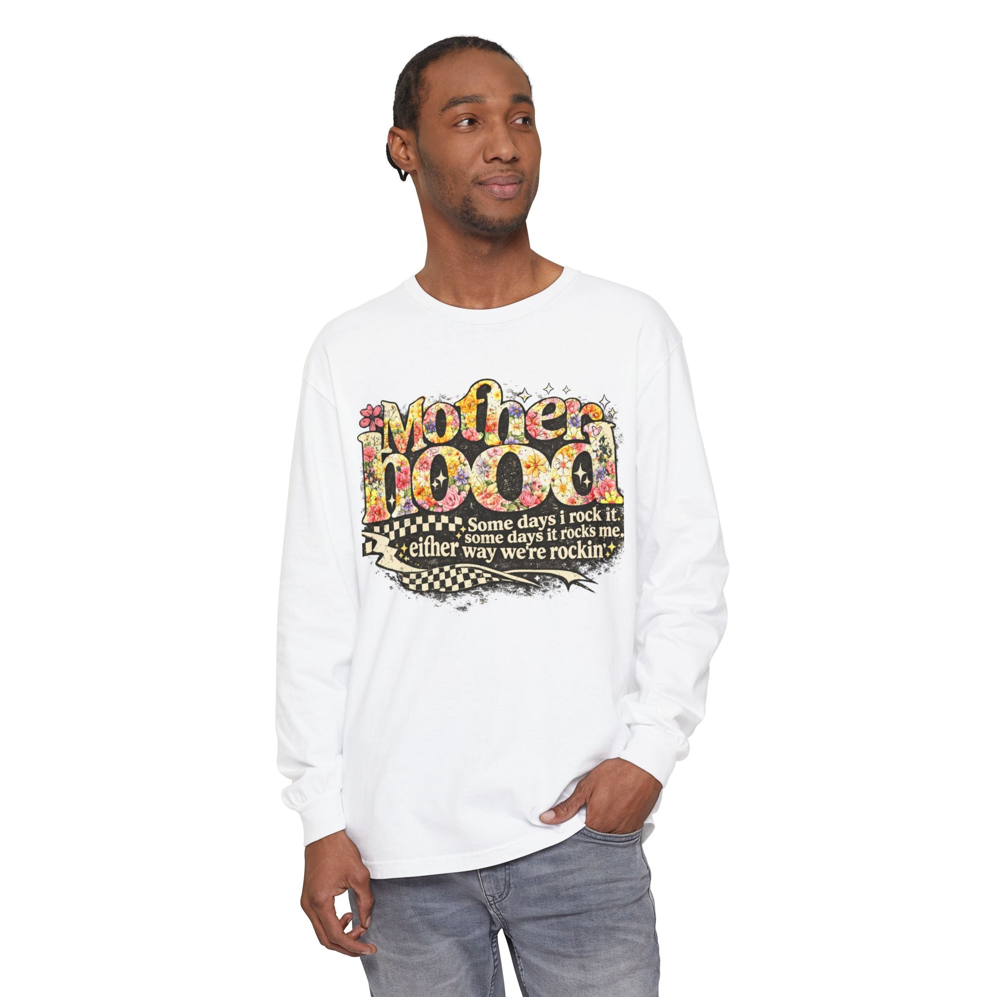 Motherhood Graphic Long Sleeve Tee — "Mother Doodle: Some days I rock it"