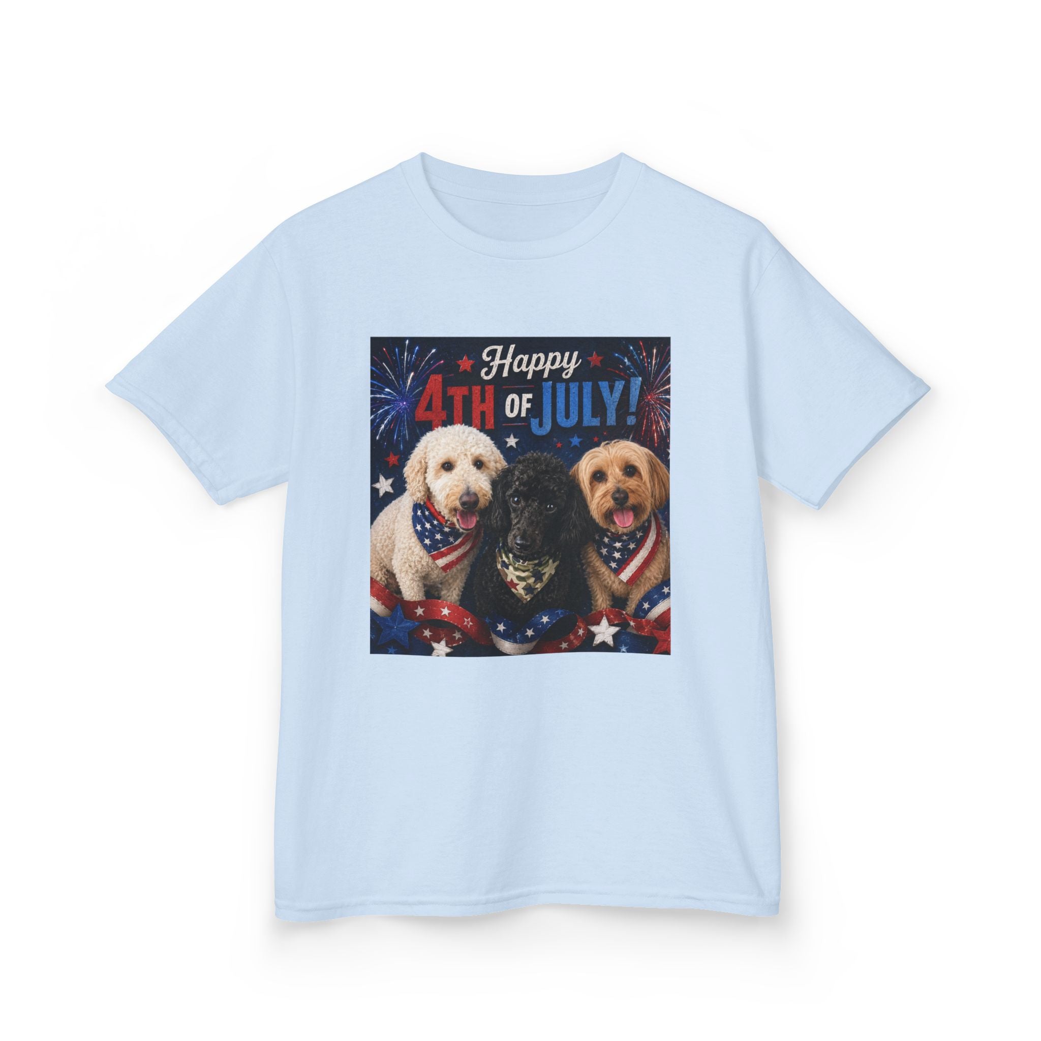 4th of July Kids Tee – Patriotic Dogs "Happy 4th of July"
