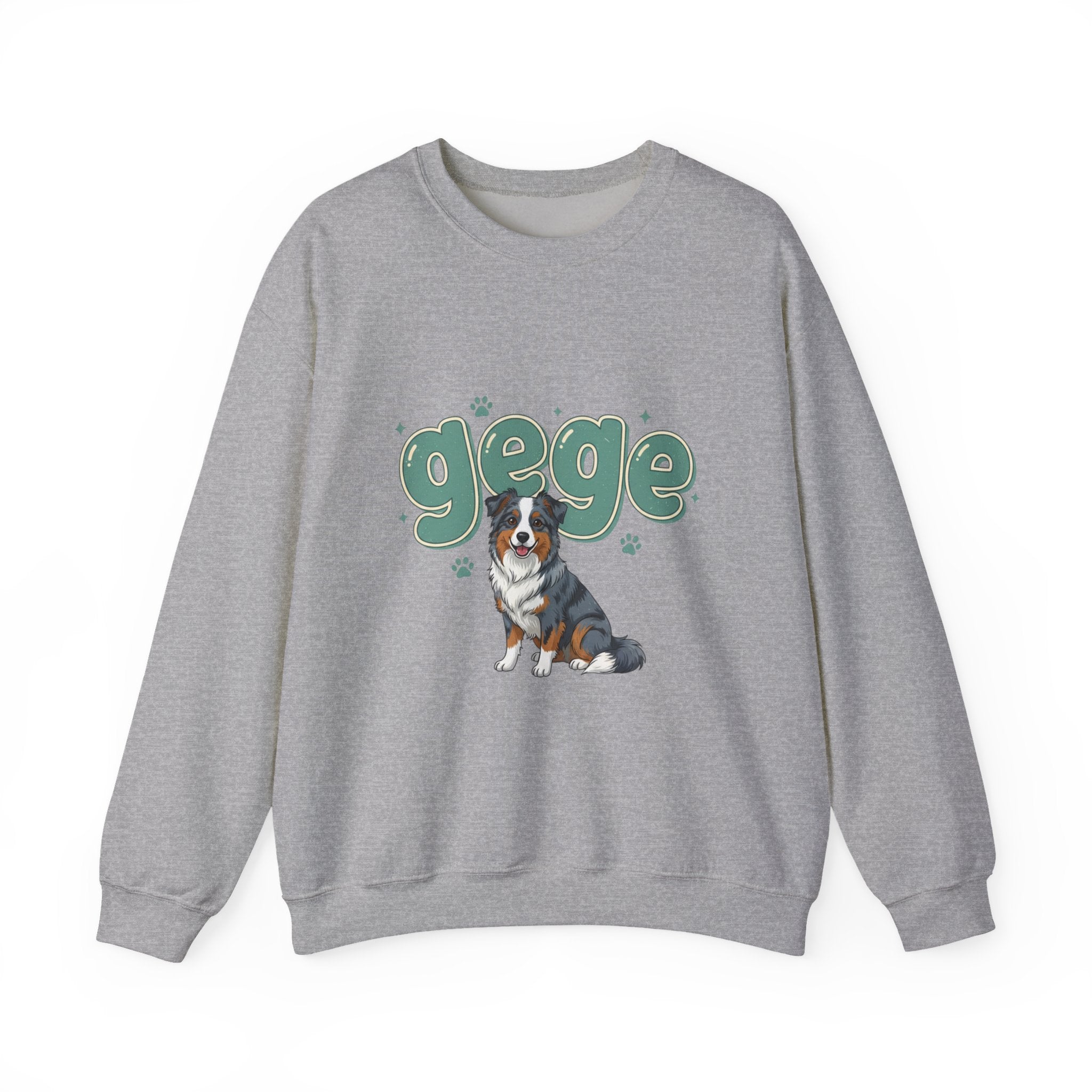 Crewneck Sweatshirt — Cute "gege" Design with Australian Shepherd Illustration