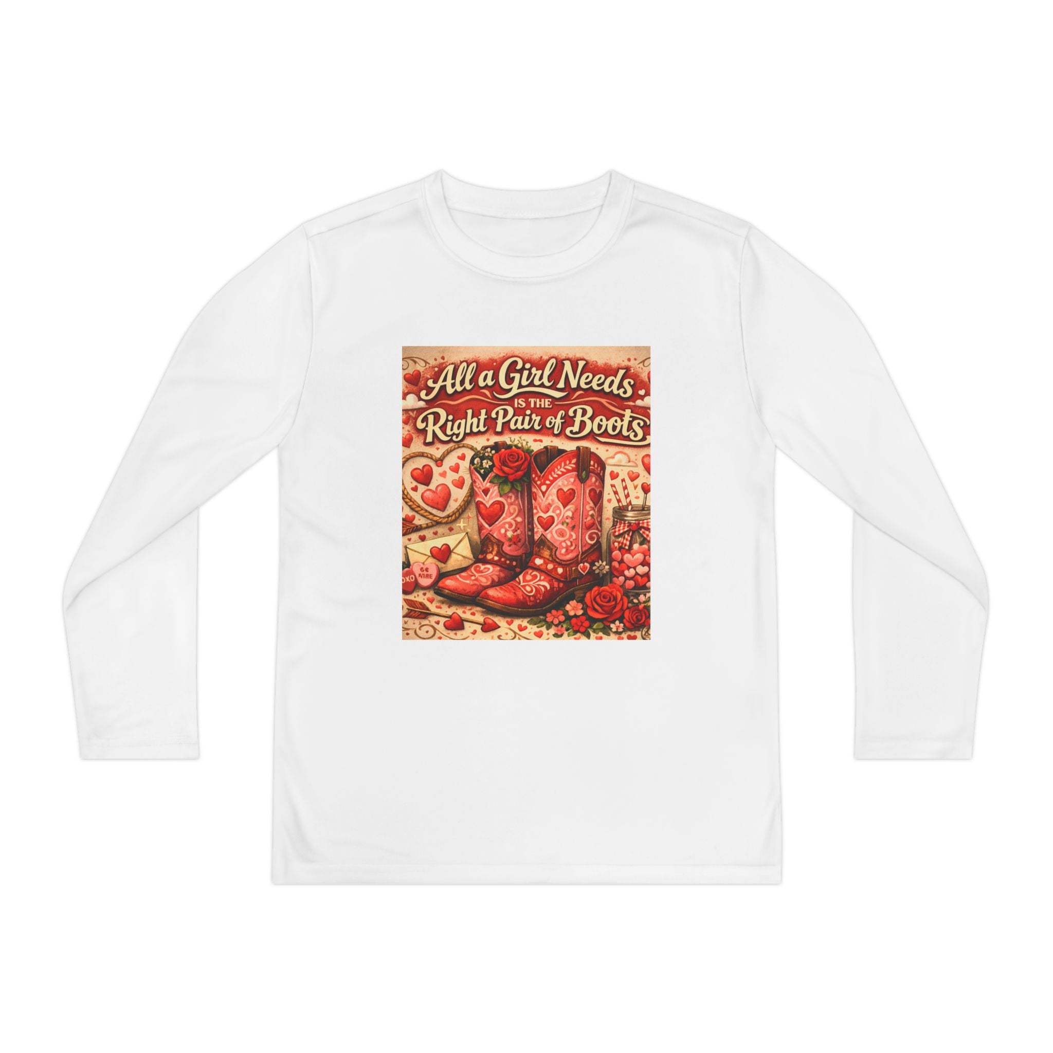 Youth Long Sleeve Tee — "All a Girl Needs is the Right Pair of Boots" Western Graphic