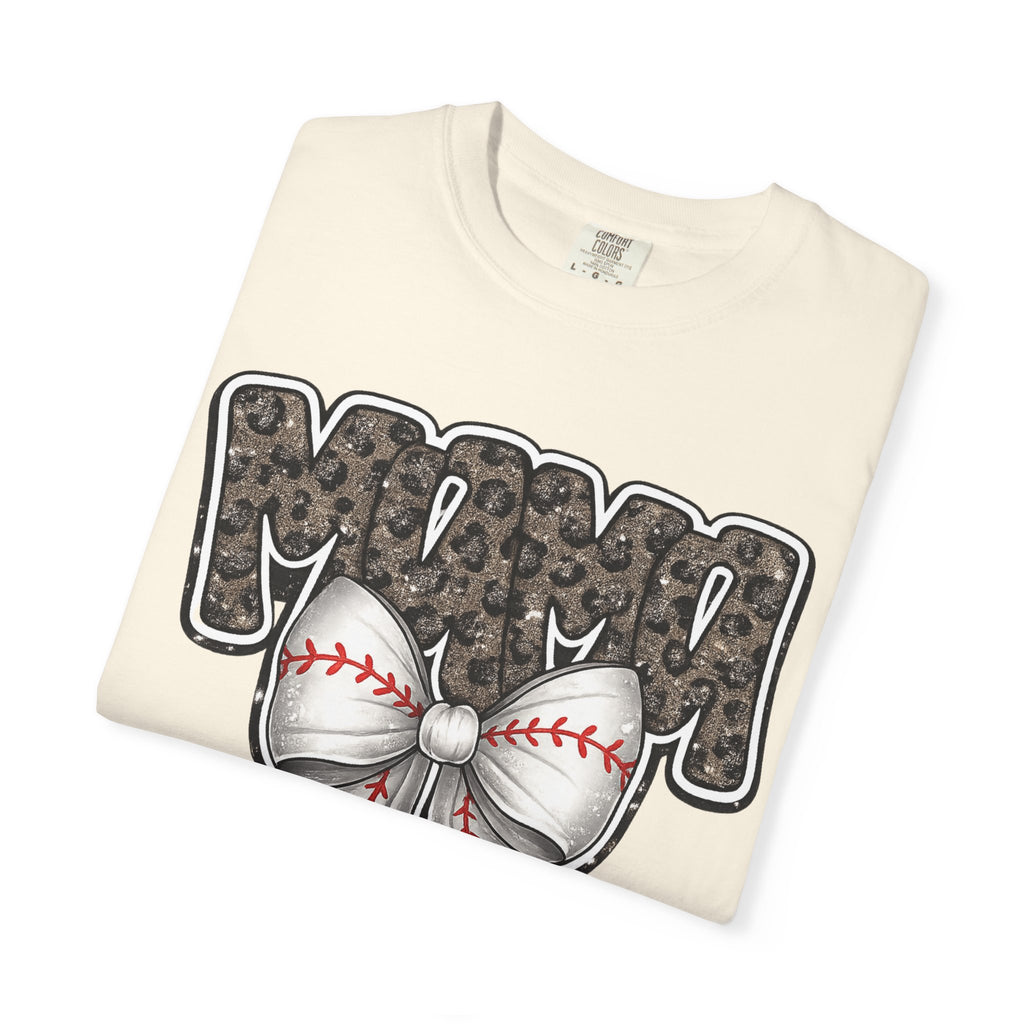 Baseball Mom T-Shirt — Camo Lettering with Baseball Bow