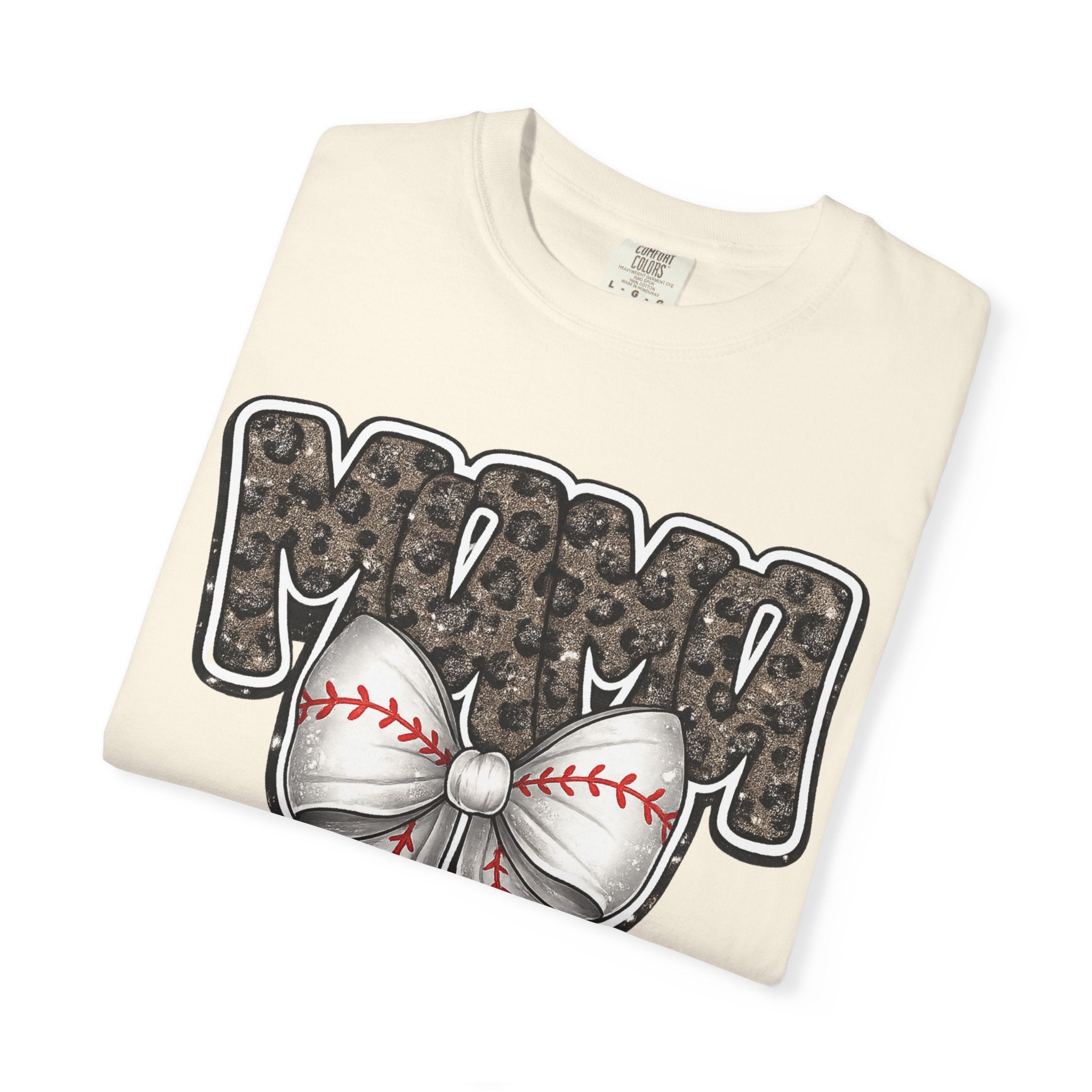 Baseball Mom T-Shirt — Camo Lettering with Baseball Bow