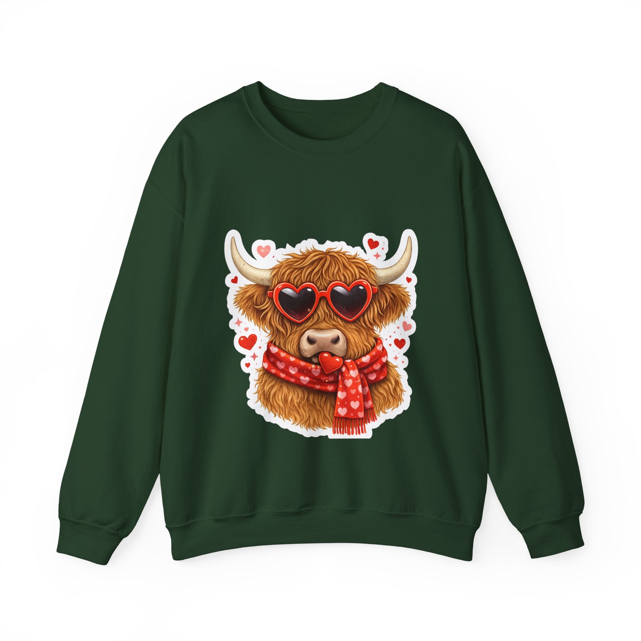 Valentine Highland Cow Sweatshirt – Cute Heart Sunglasses & Scarf Crewneck