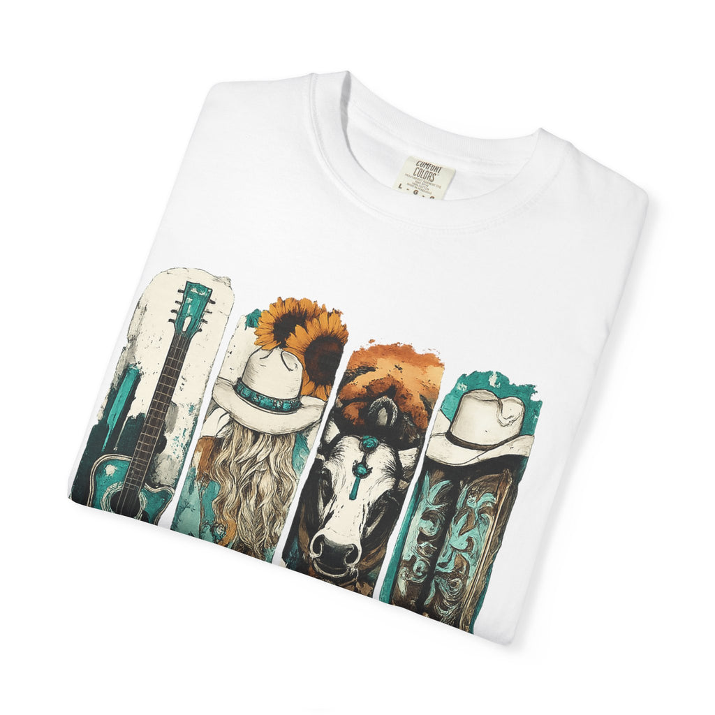 Western Music Icons T-Shirt — Rustic Guitar, Boots & Hat Graphic Tee