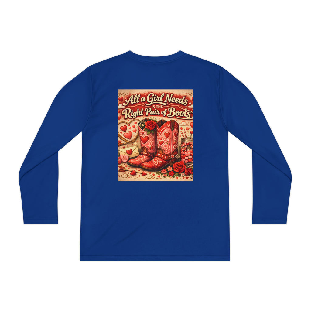Youth Long Sleeve Tee — “All a Girl Needs is a Right Pair of Boots” Cowboy Boots Graphic