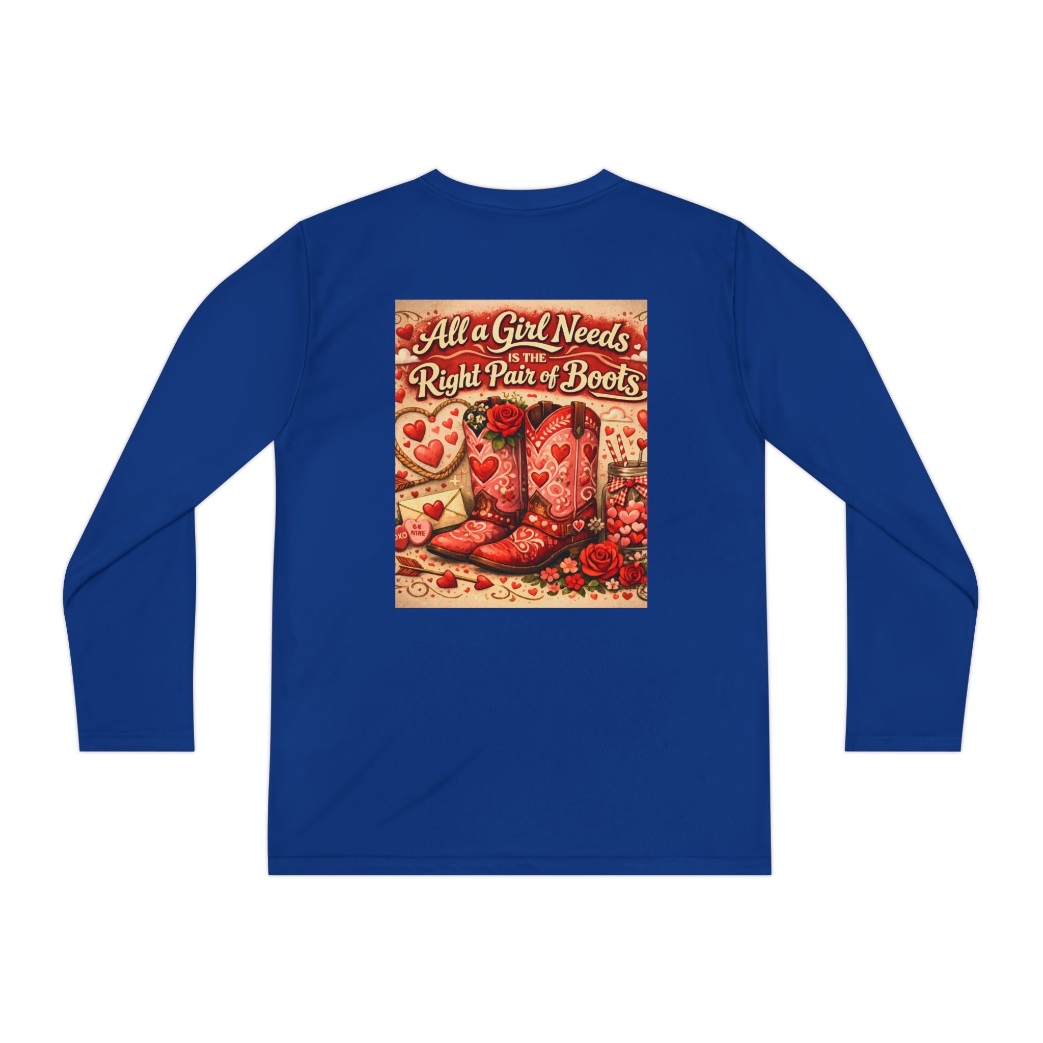 Youth Long Sleeve Tee — “All a Girl Needs is a Right Pair of Boots” Cowboy Boots Graphic