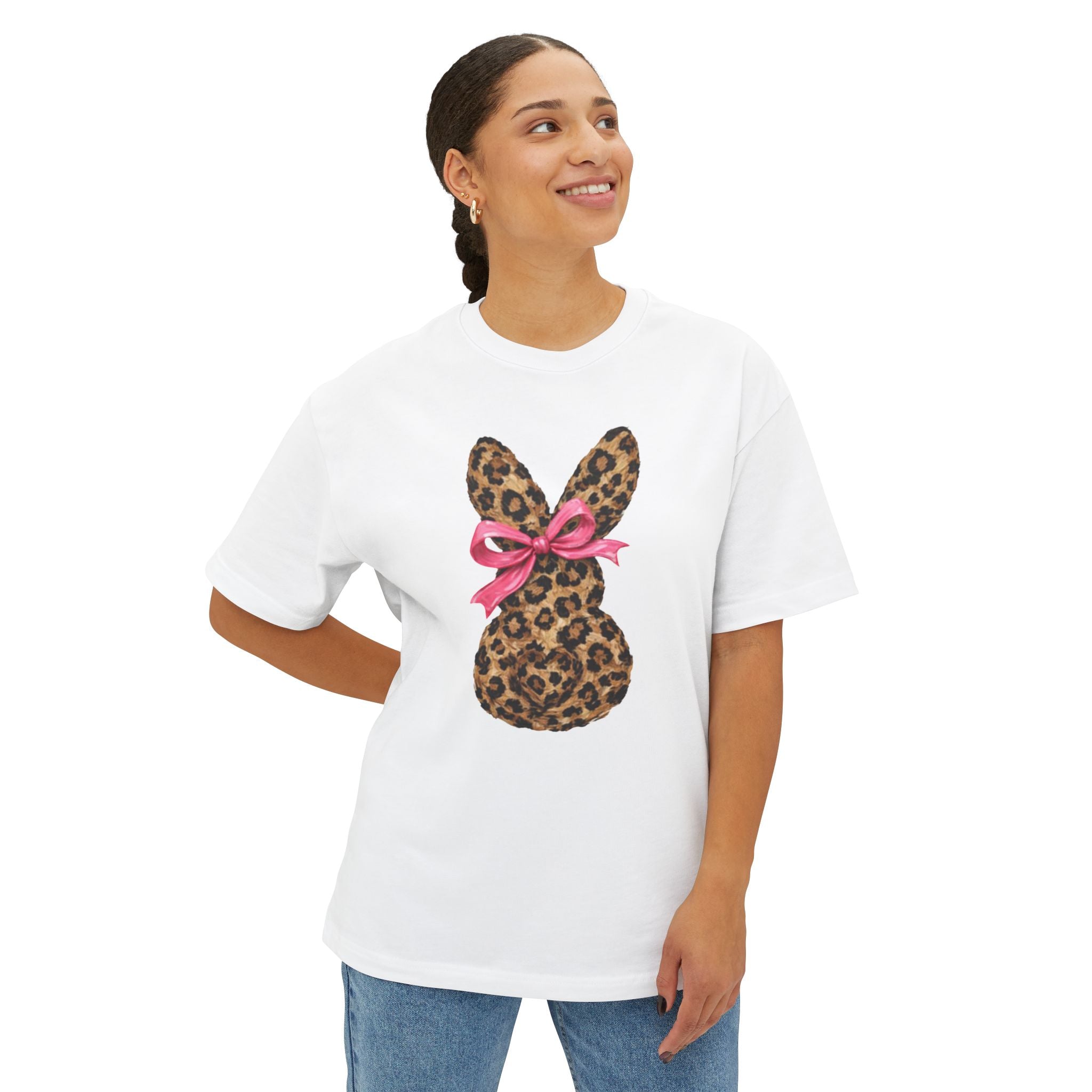 Leopard Bunny Tee with Pink Bow — Easter Graphic Shirt