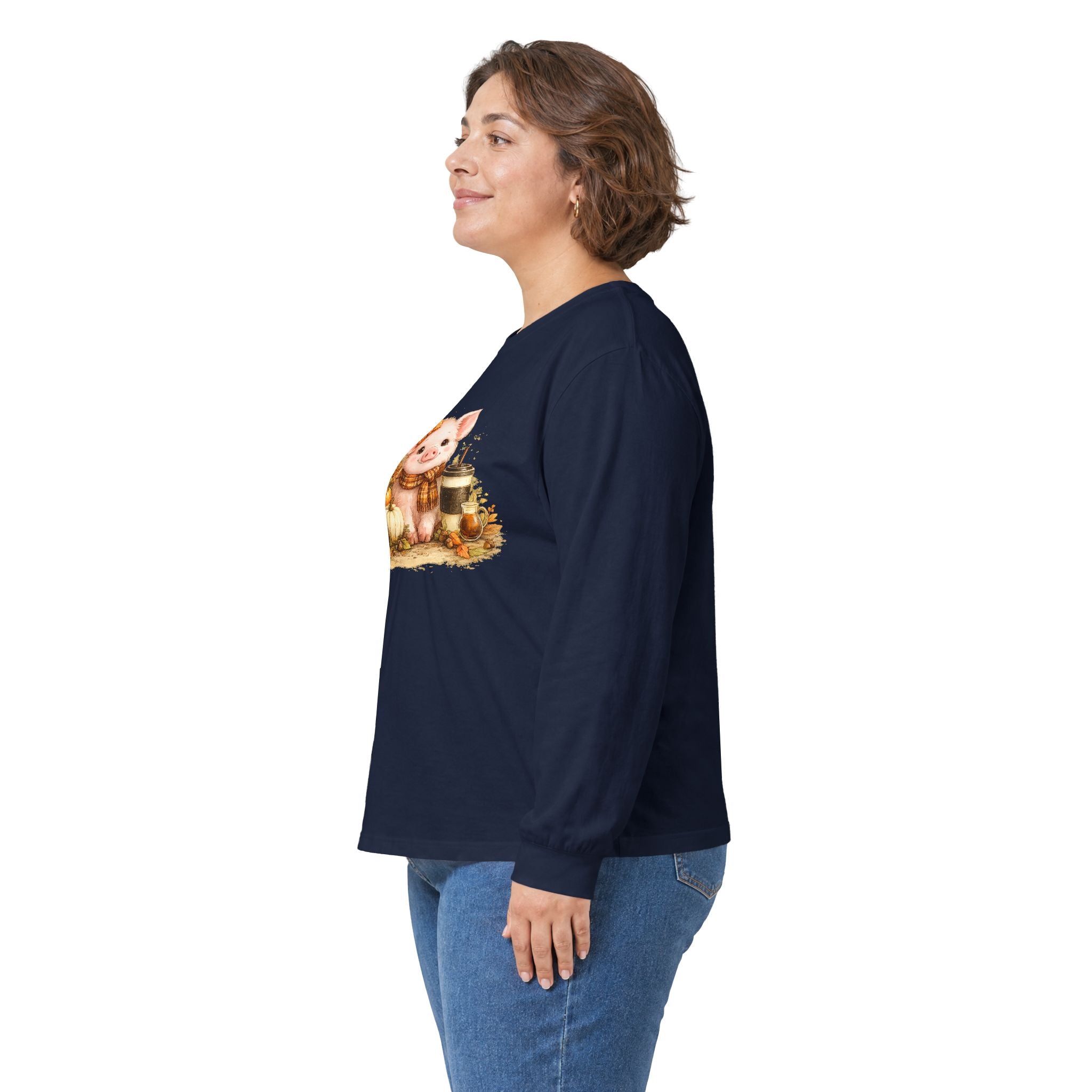 Long Sleeve Tee — Cute Fall Pig with Pumpkins & Sunflower Autumn Graphic