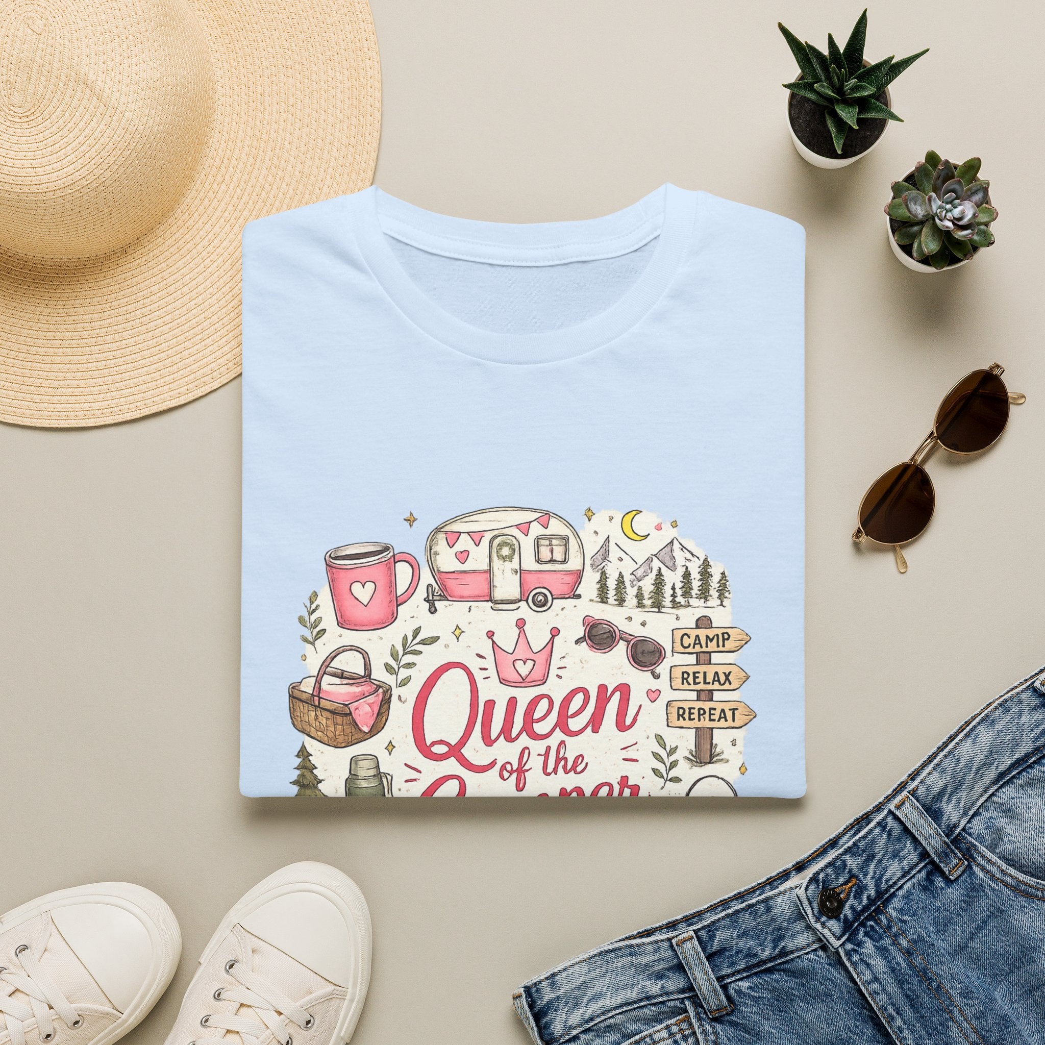 Queen of the Camper T-Shirt — Cute Pink Camping RV Graphic Tee for Women