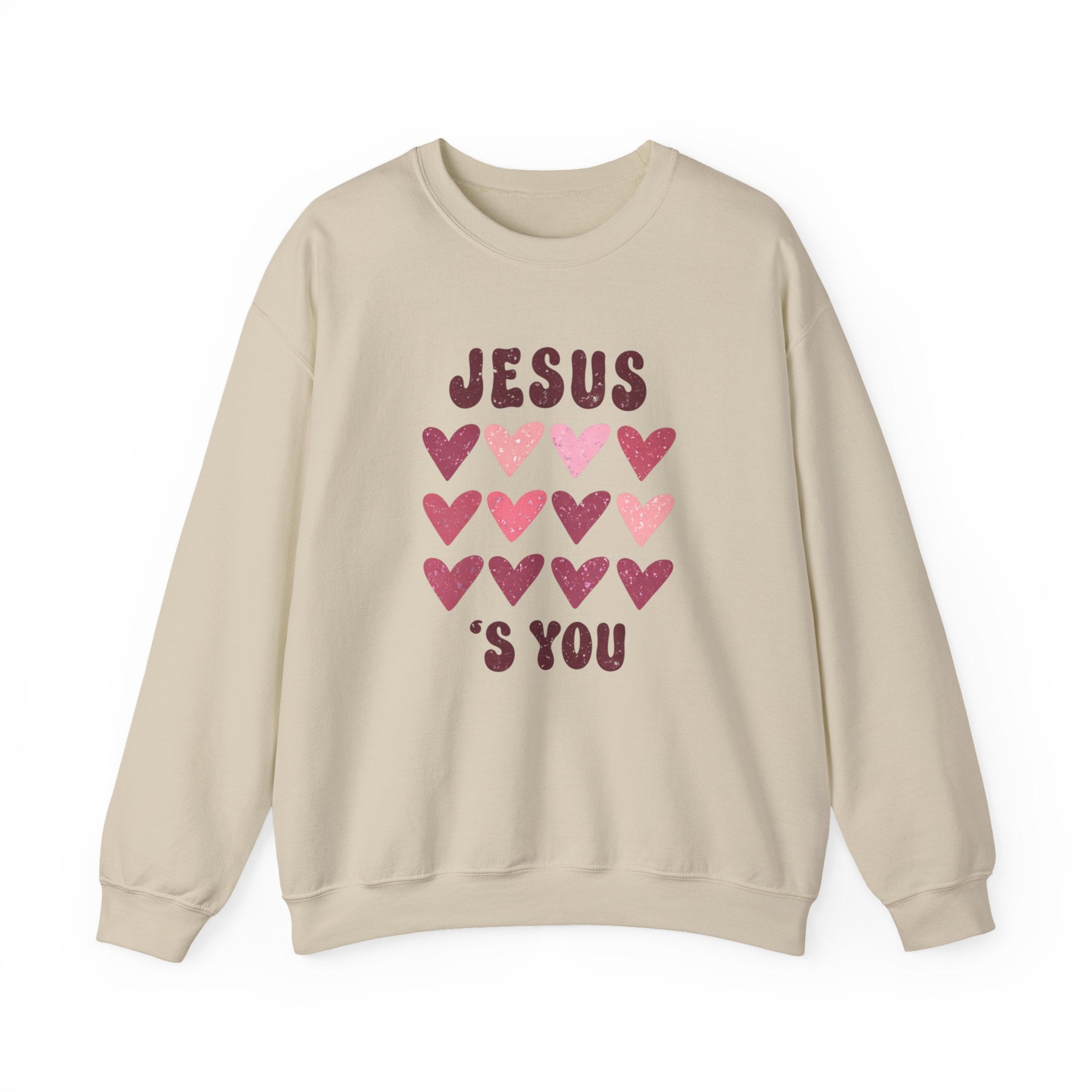 Crewneck Sweatshirt — "Jesus Loves You" Pink Heart Graphic