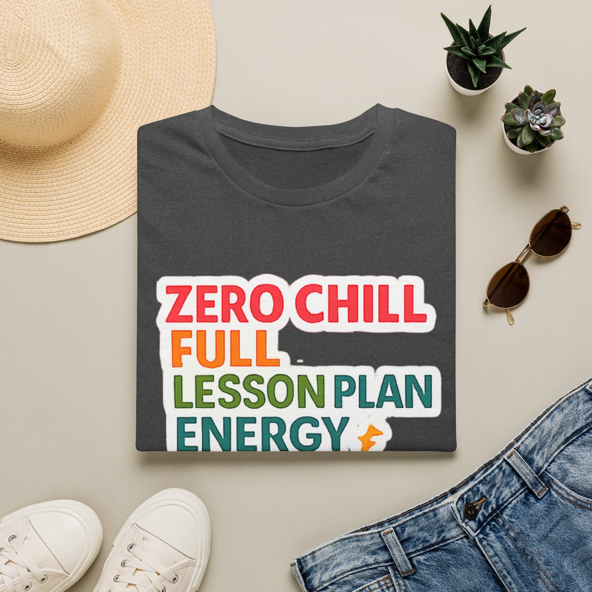 Teacher T-Shirt — "Zero Chill, Full Lesson Plan Energy" Colorful Graphic Tee