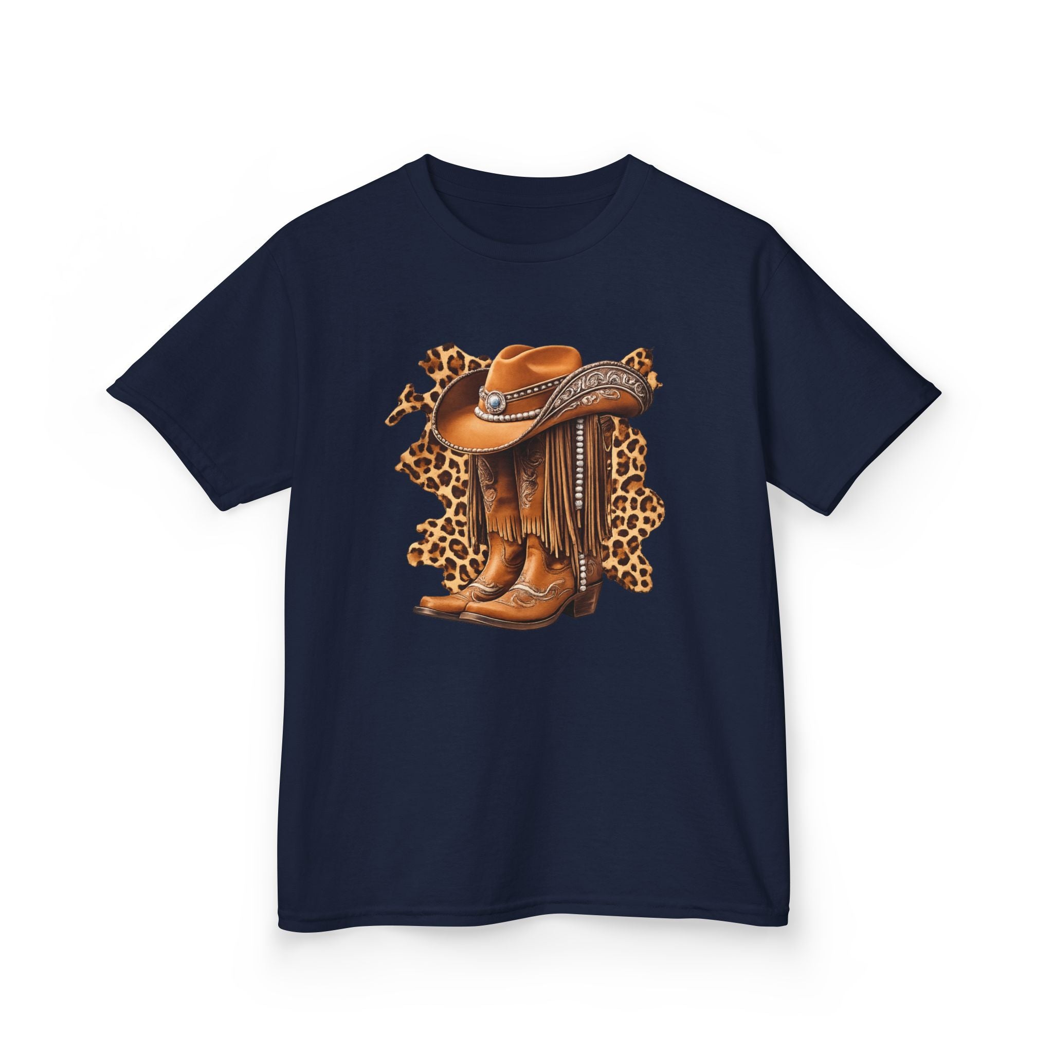 Kids Cowboy Hat & Boots Tee — Leopard Print Western Kids T-Shirt