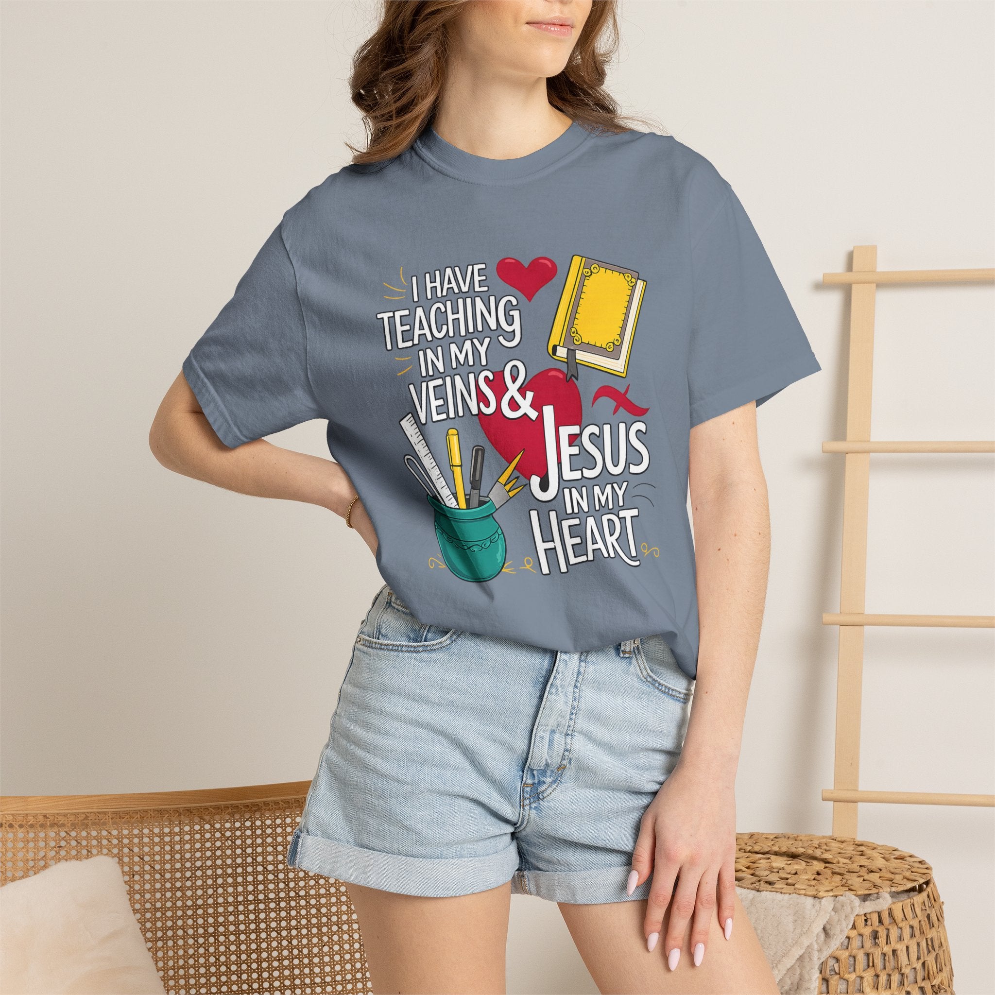 Christian Teacher T-Shirt - "I Have Teaching in My Veins & Jesus in My Heart" Garment-Dyed Tee